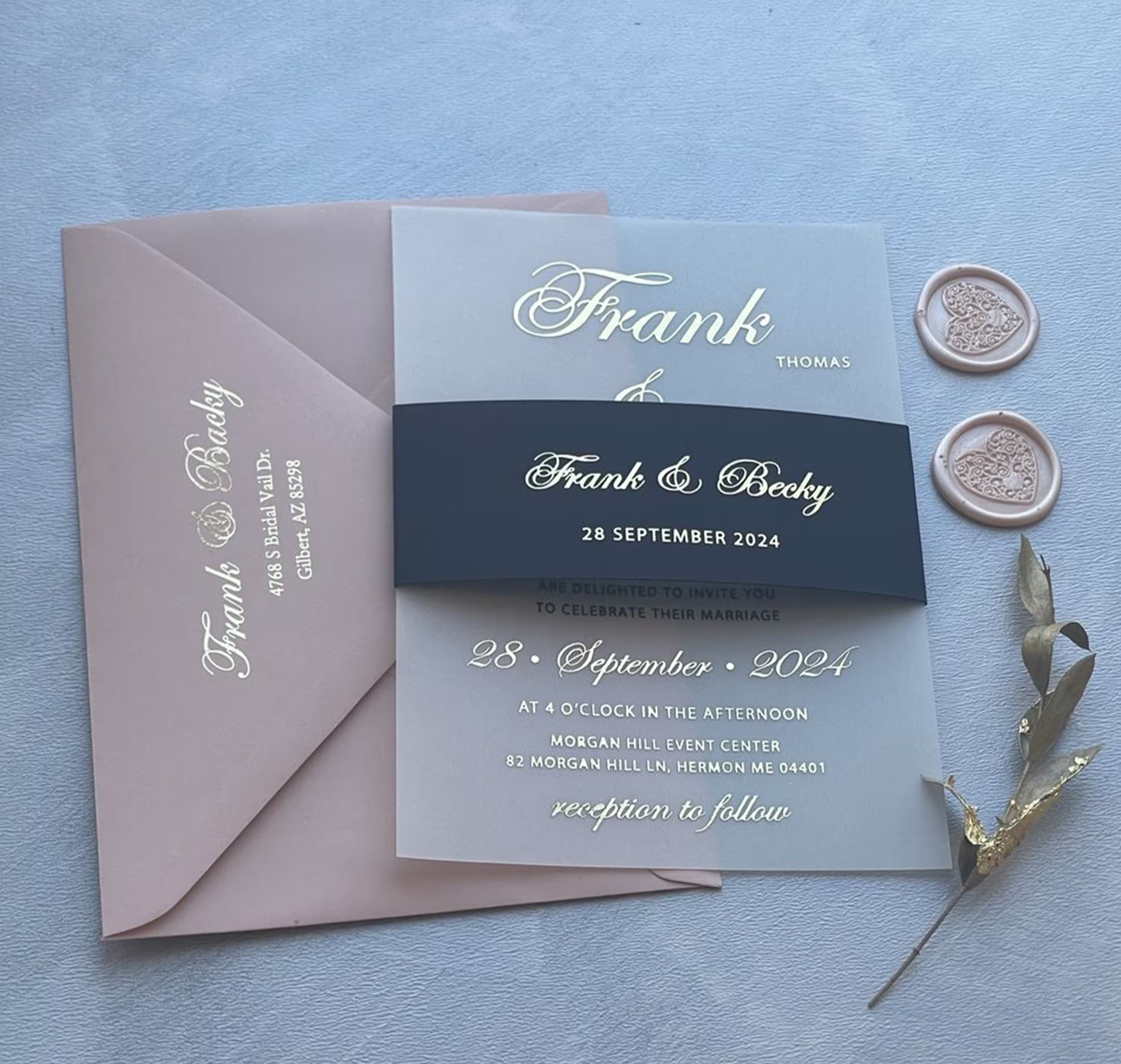 Vellum wedding invitation with personalized calligraphy, foil details, RSVP and matching envelope