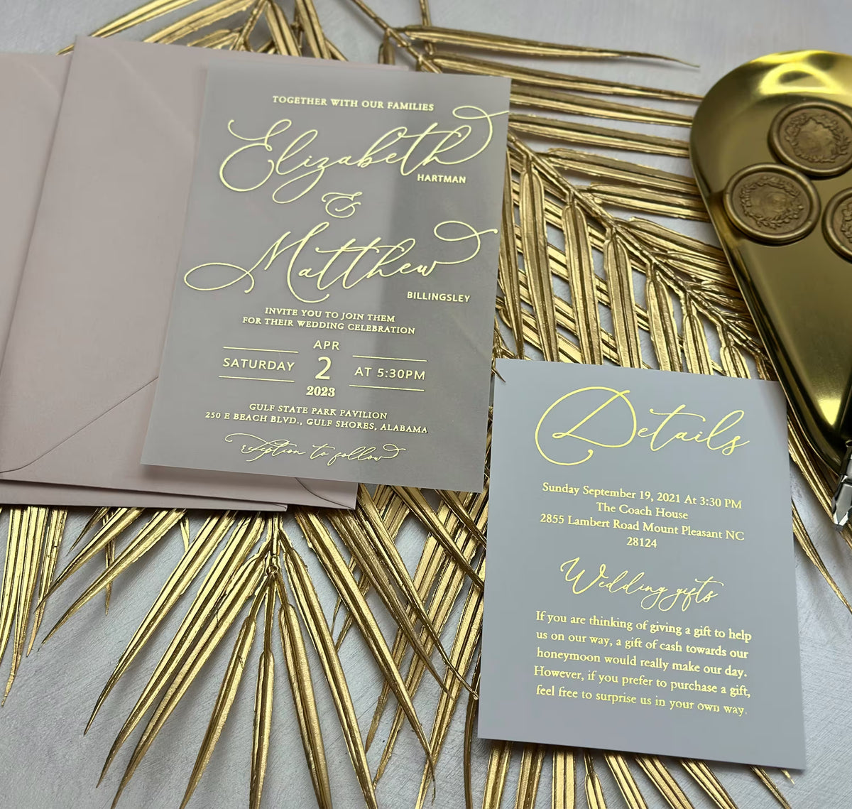 Vellum wedding invitations with personalized RSVP card