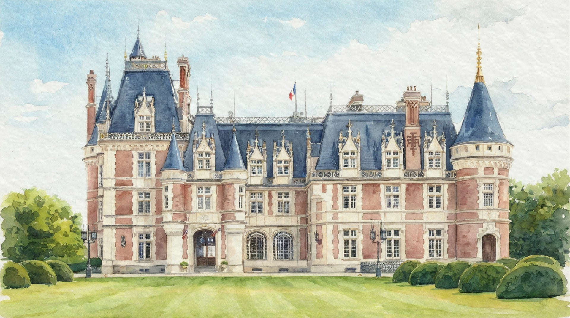 Custom watercolor portrait of a French château, handmade architectural painting from photo, venue portrait commission