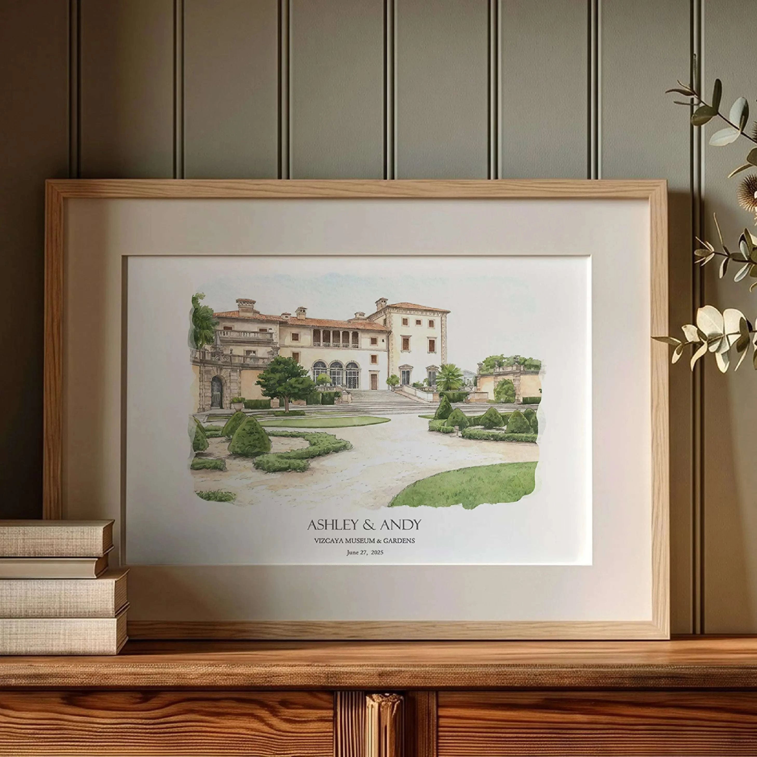 Personalized Vizcaya Museum & Gardens watercolor Florida wedding venue artwork, custom wedding venue portrait created from your photo