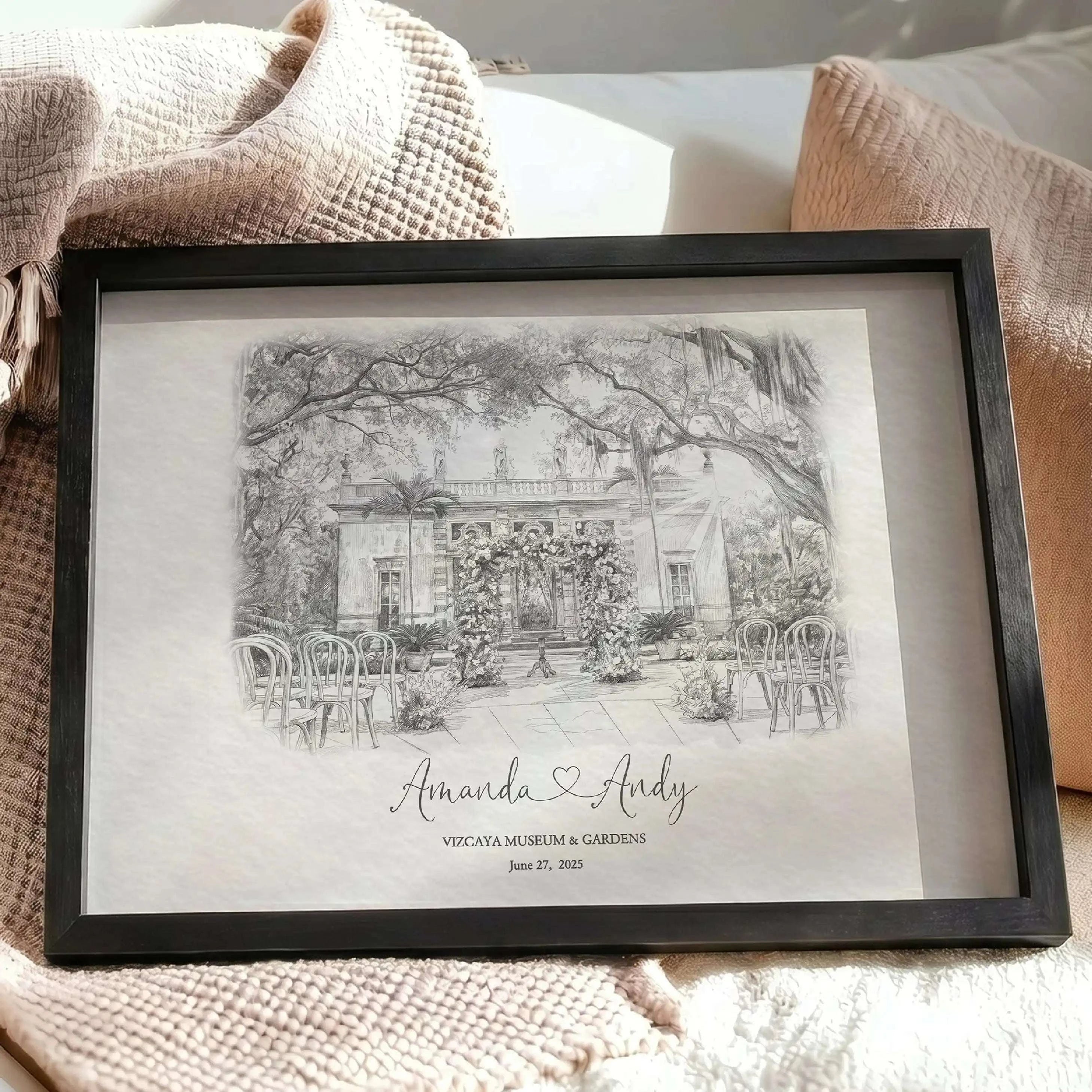 Vizcaya Museum & Gardens architectural sketch portrait, personalized Florida wedding venue illustration and anniversary keepsake