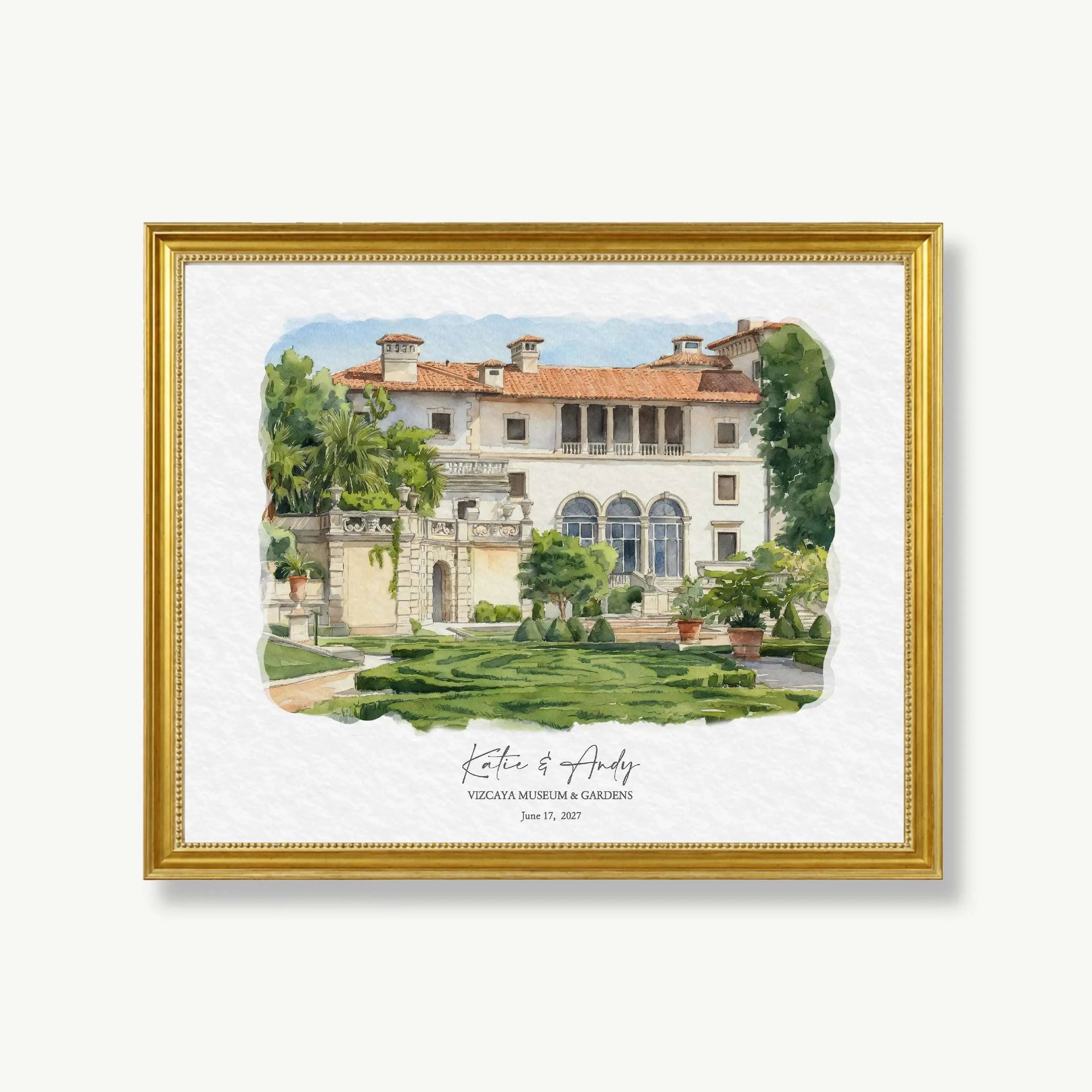 Vizcaya Museum & Gardens watercolor Florida wedding venue portrait, personalized hand painted wedding venue illustration from photo