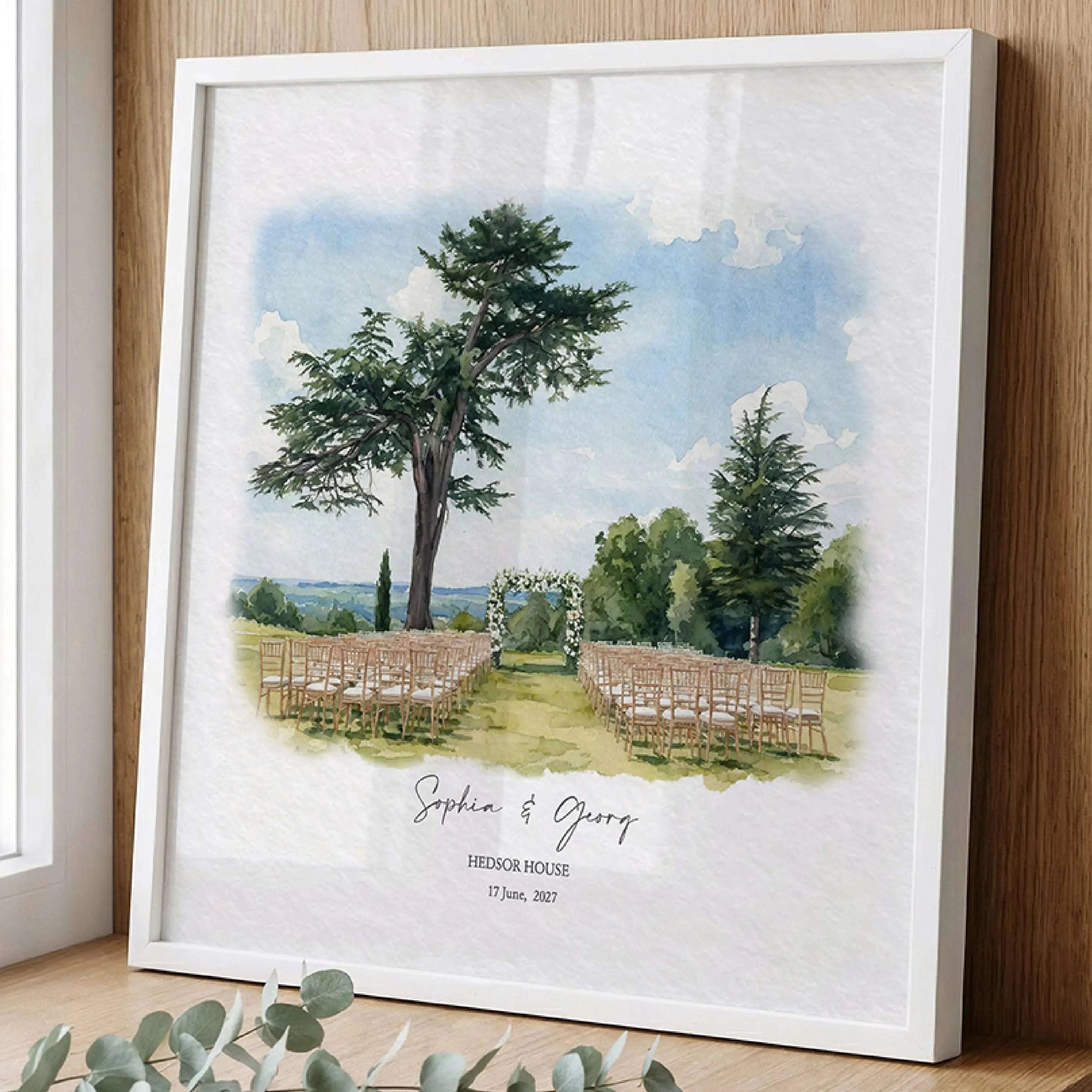 Personalized Hedsor House wedding venue watercolor portrait, luxury English country estate illustration created from a wedding venue photograph