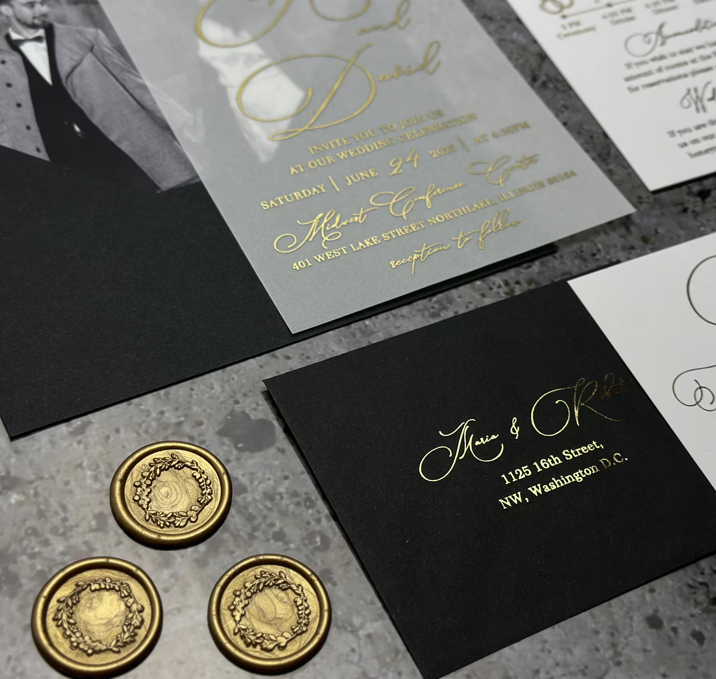 Modern wedding invitation with vellum paper, custom details, gold foil and elegant calligraphy