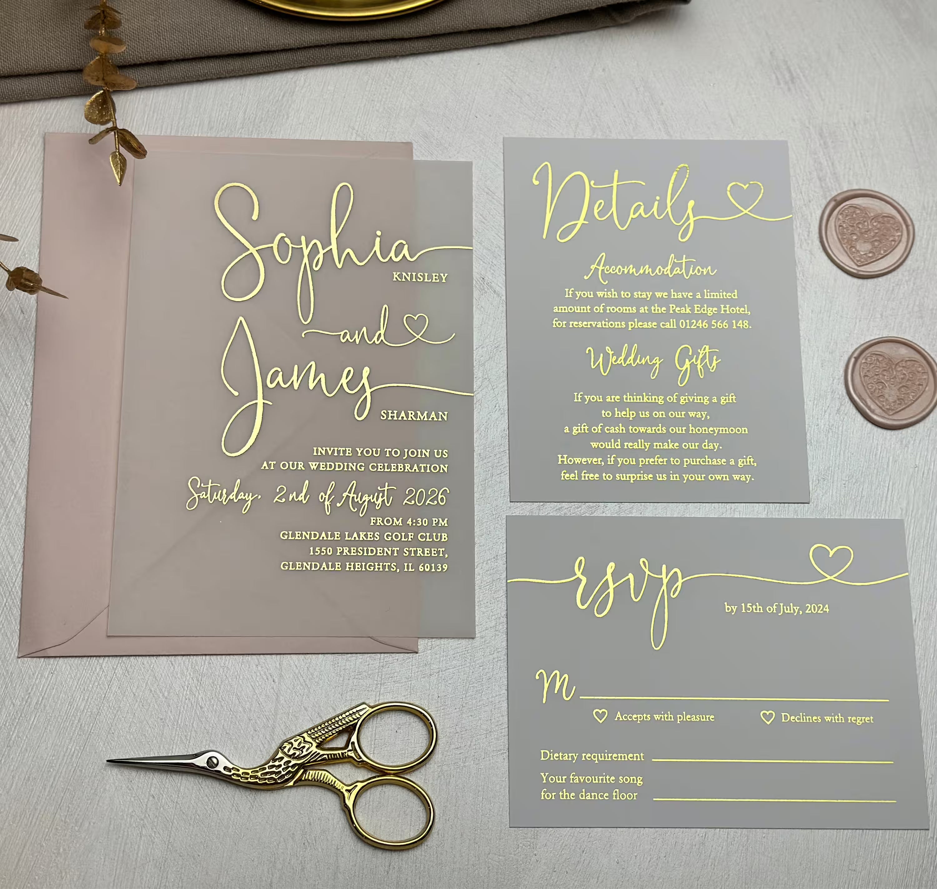 Wedding invitation with vellum paper, romantic lettering, foil accents and personalized wedding details