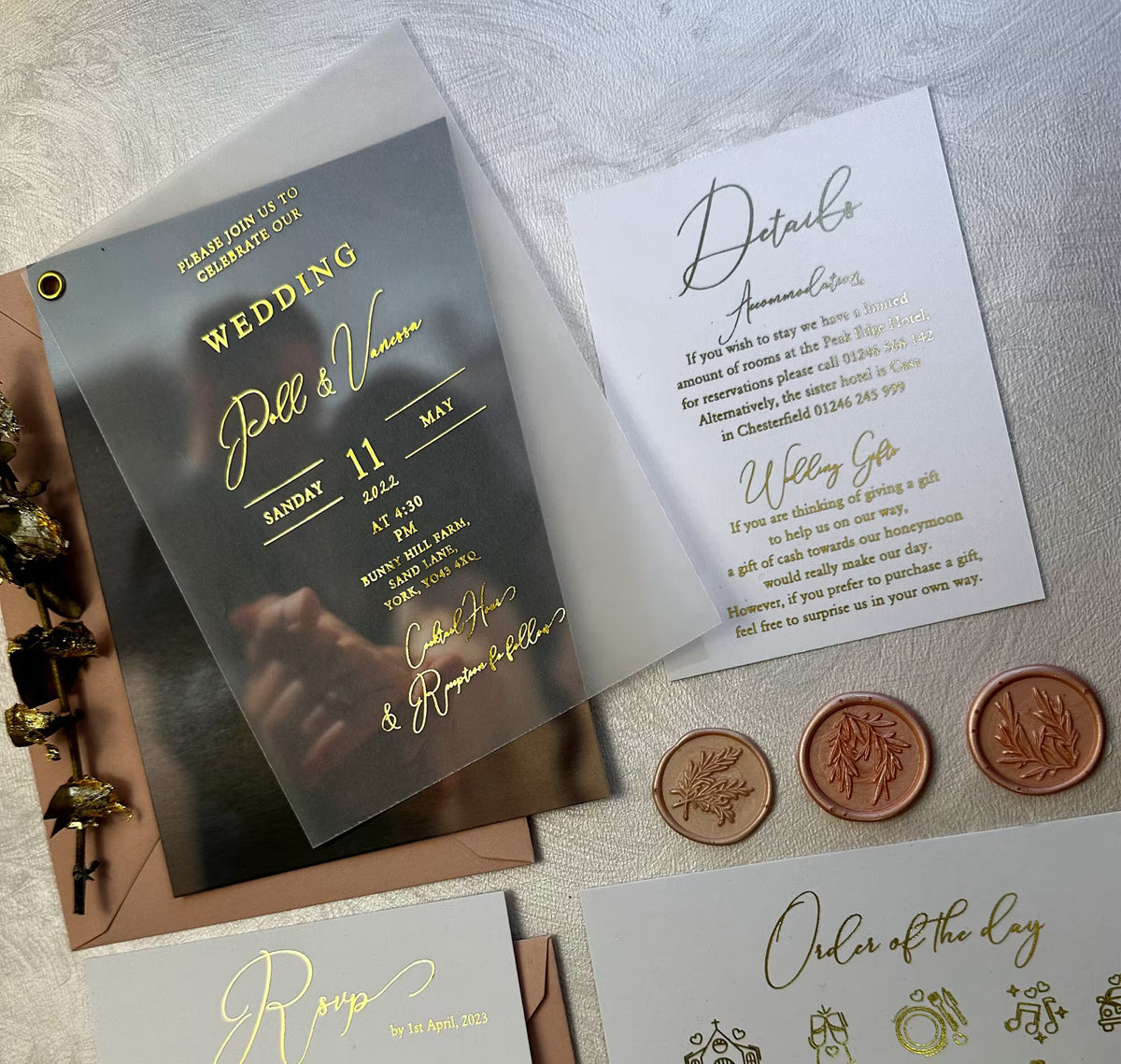 Wedding photo invitation card with vellum overlay and foil lettering, shown with details card, RSVP card and wedding program