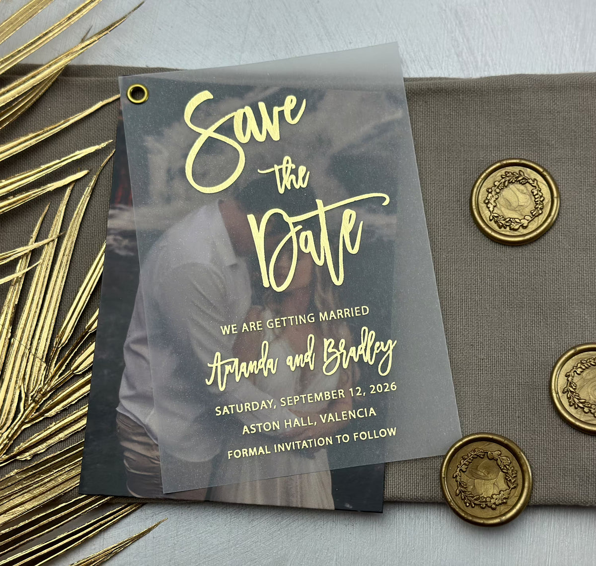 Wedding save the date photo card with vellum layer, names, date and venue in foil
