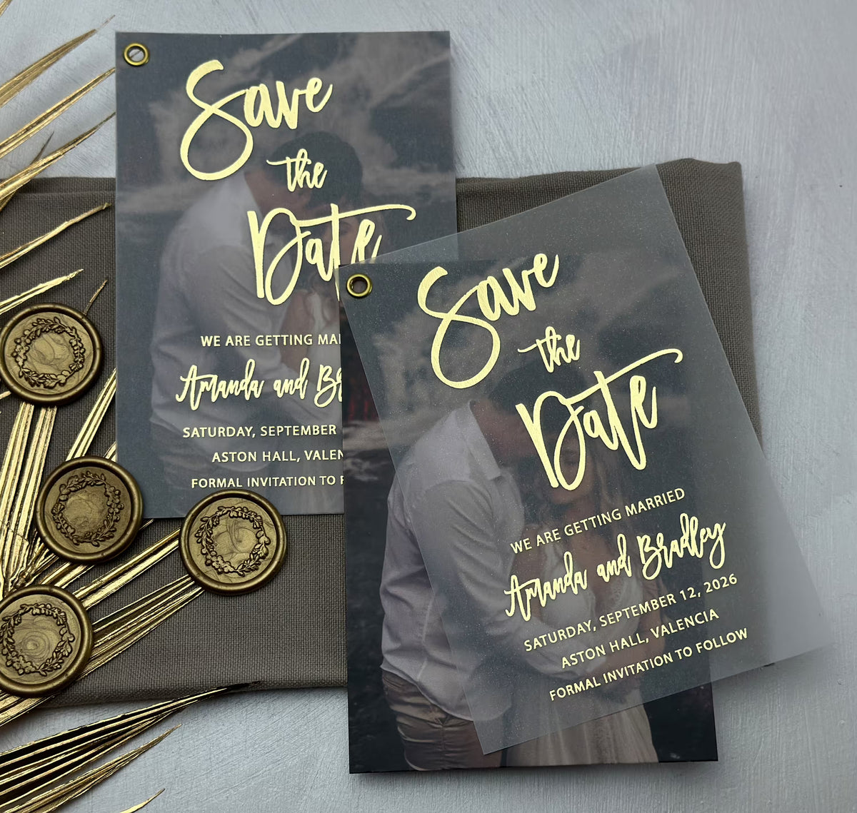 Wedding save the date with photo on vellum and foil script, personalized with your names and date