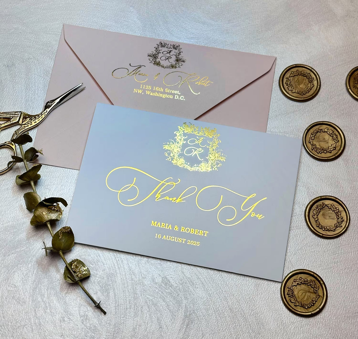 Wedding thank you notes with floral crest monogram and foil Thank You script