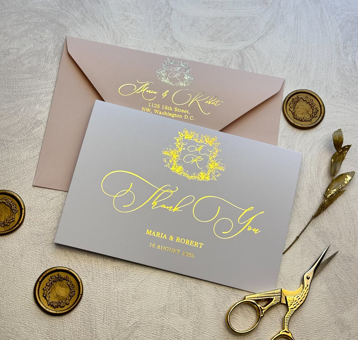 Personalized folded wedding thank you card with foil monogram, names and wedding date