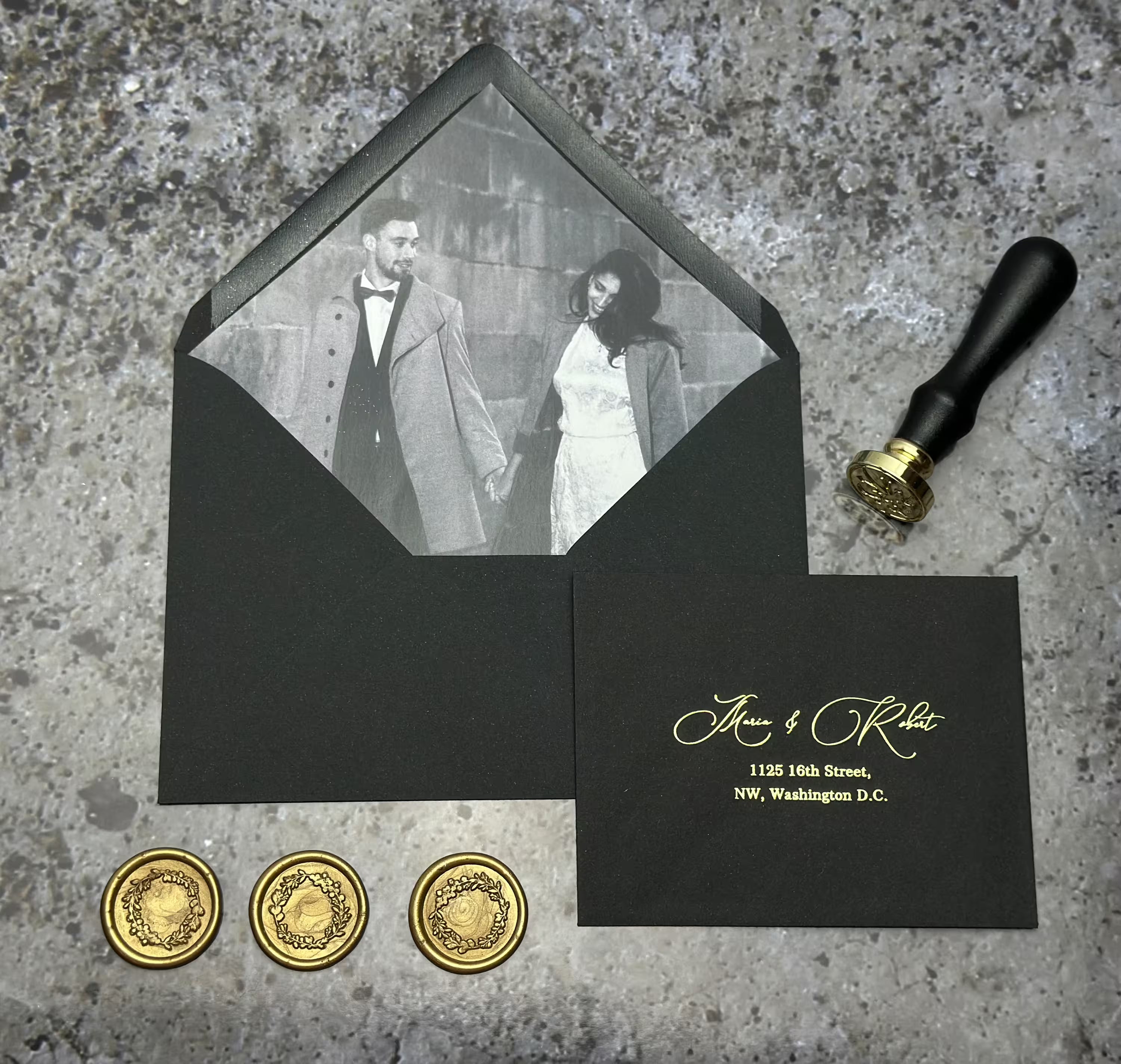 Refined wedding vellum invitation with personalized photo, custom insert and shimmering gold foil