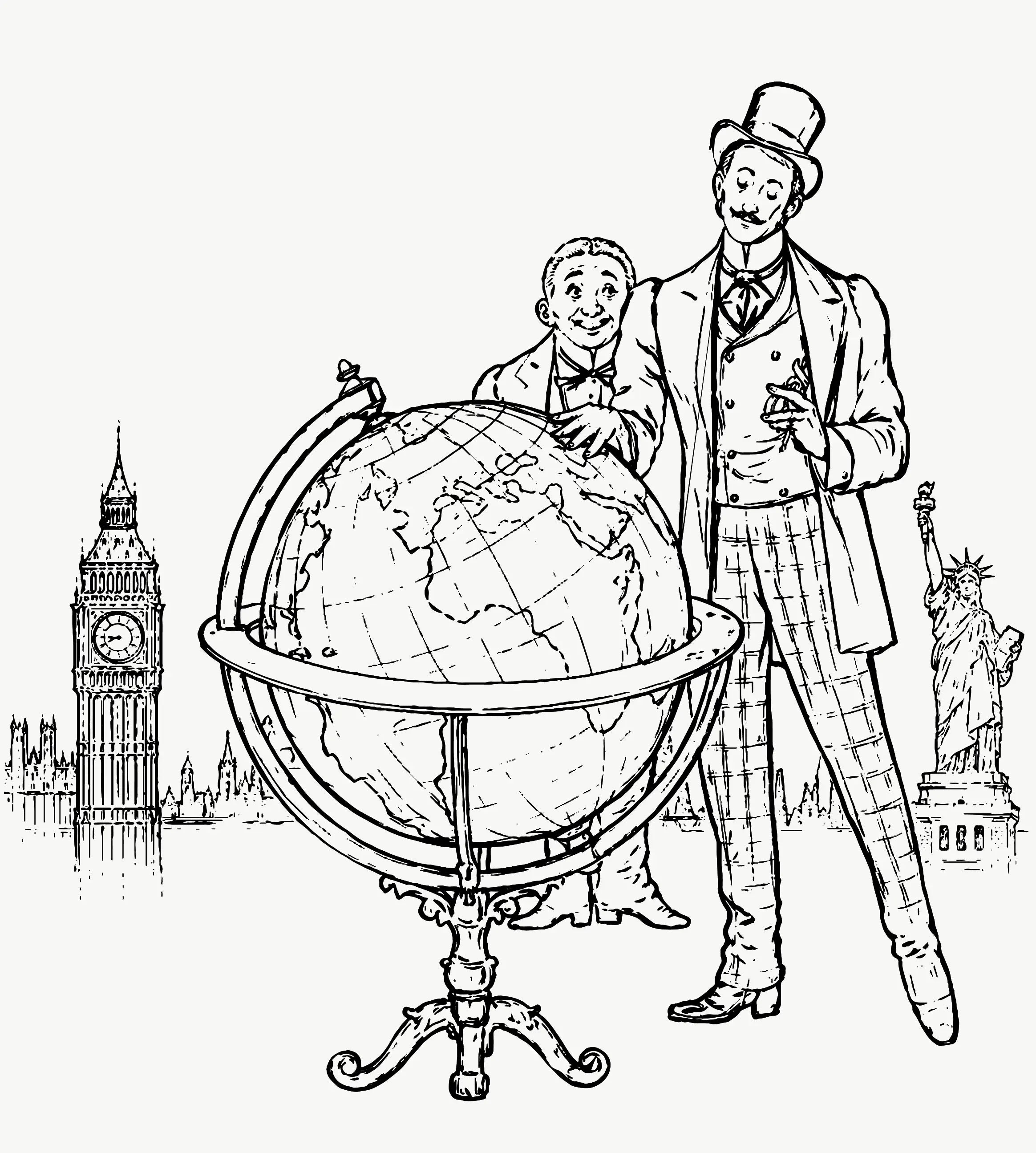 Vintage hand-drawn illustration of worldwide delivery and international shipping with globe, London Big Ben, Statue of Liberty, and elegant travelers in classic style.