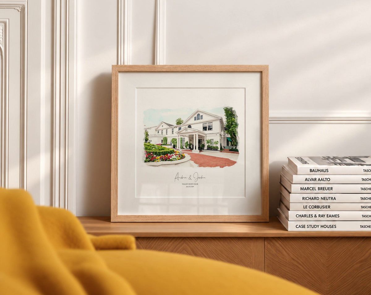 Custom watercolor art print of a meaningful place, framed in natural wood, personalized with names and date