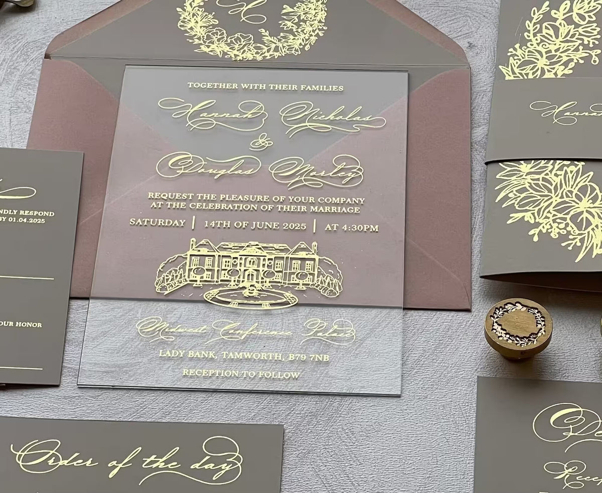 acrylic wedding invitation with gold foil venue sketch — your own photo