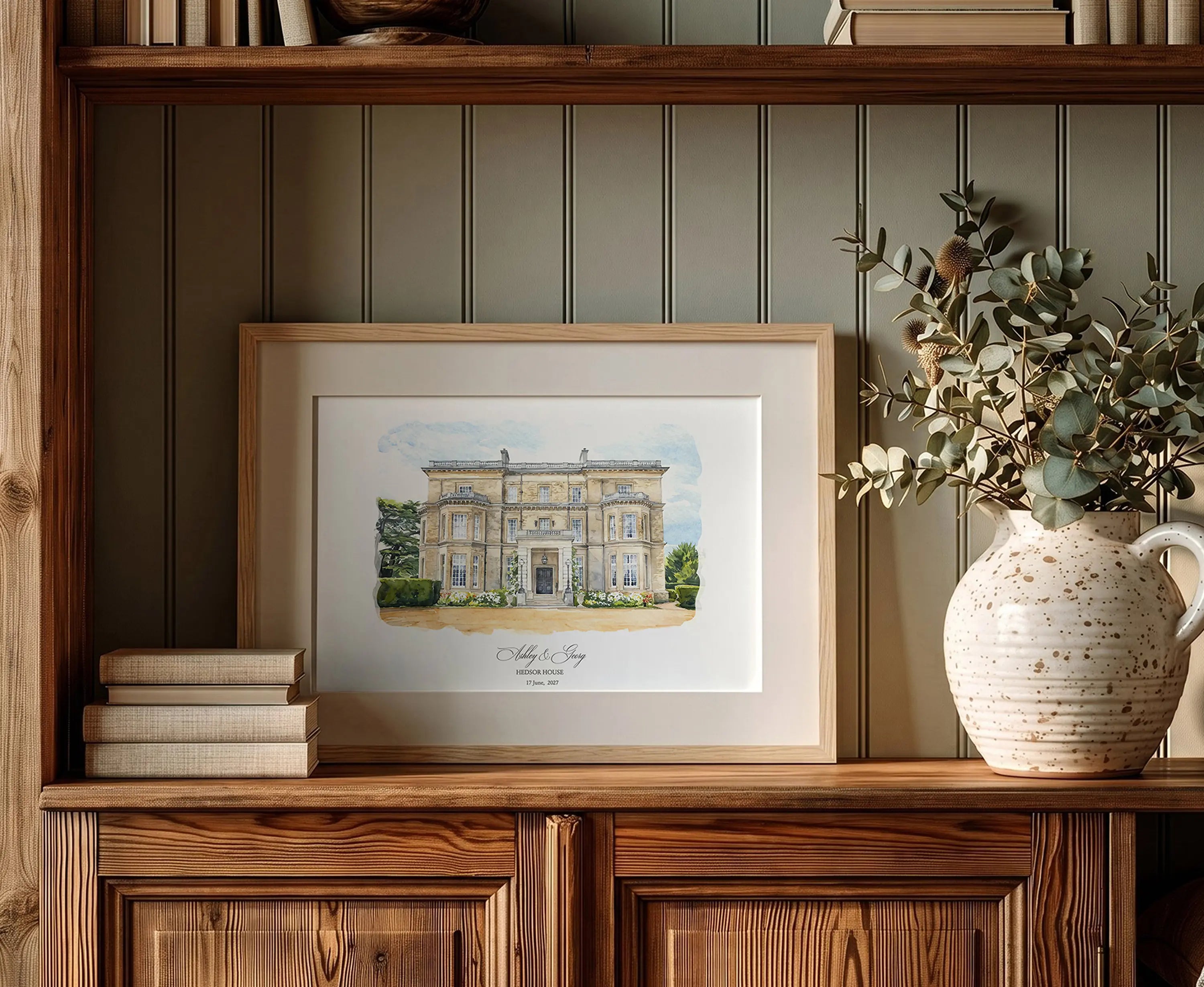 Framed wedding venue watercolor portrait displayed as a one year anniversary gift