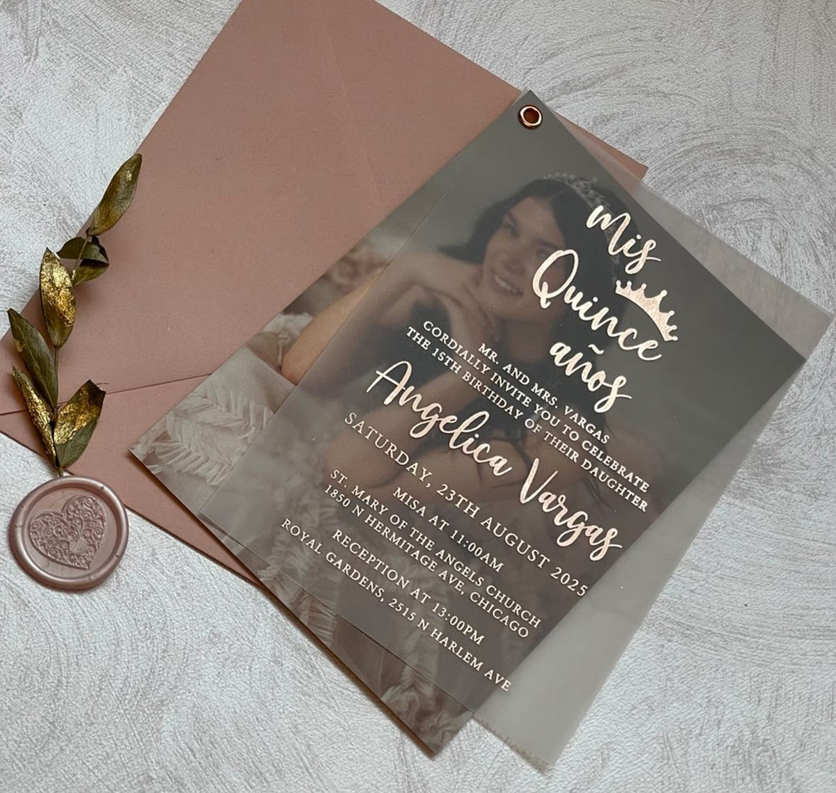 15th birthday invitation with a wax seal and envelope, a personalized quinceañera invitation on vellum with a photo.