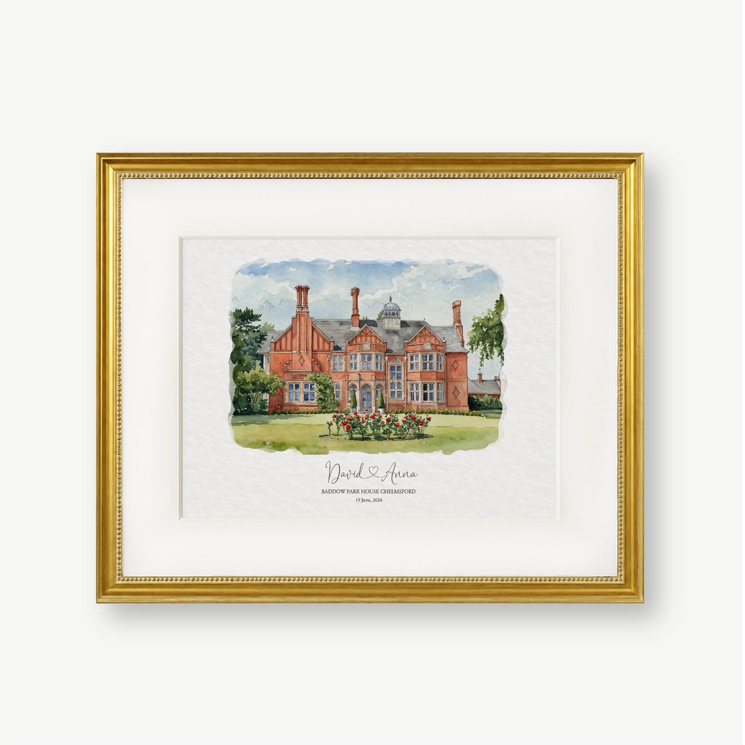 Framed watercolor illustration of Baddow Park House wedding venue in Chelmsford, featuring warm red brick architecture, soft greenery, and personalized couple names beneath the artwork.