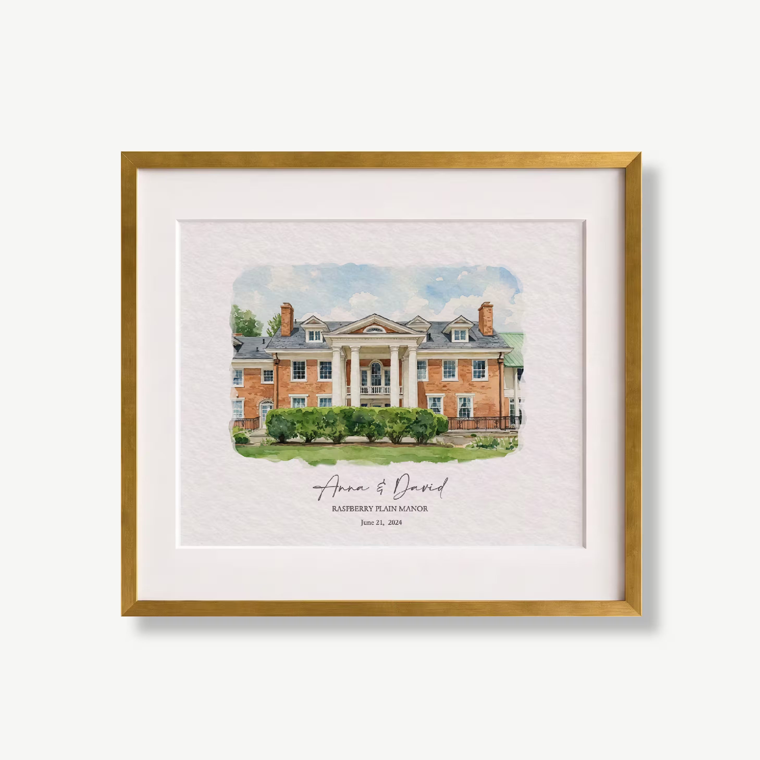 Custom watercolor wedding venue portrait in a gold frame, personalized with the couple names and wedding date, a paper first anniversary gift printed on premium watercolor paper