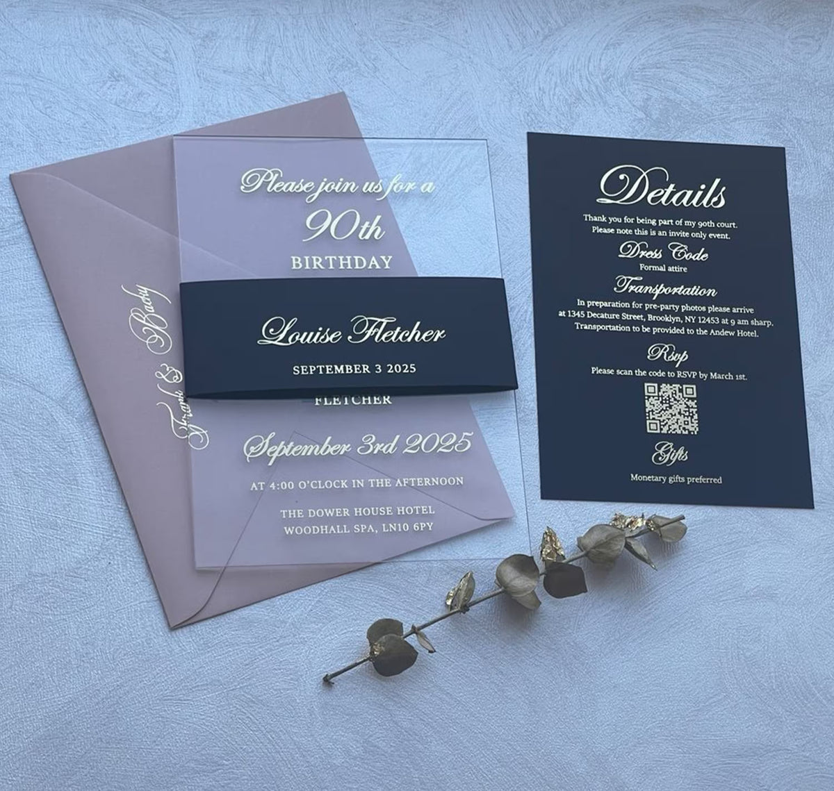 60th birthday invitations on clear acrylic with foil lettering, a personalized milestone birthday invitation.
