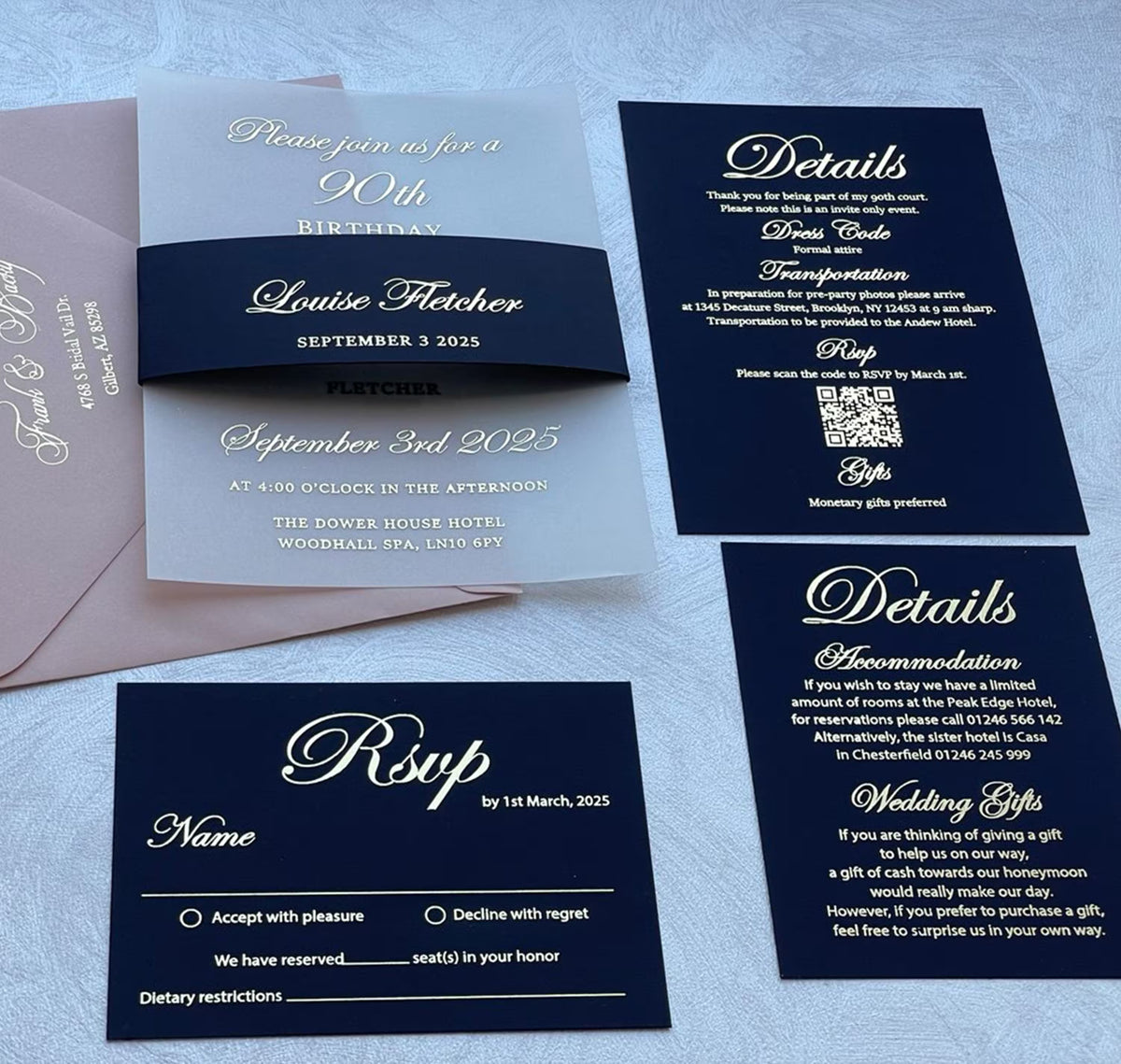 70th birthday invitation on translucent vellum with foil script, a personalized milestone invitation shown with an envelope detail cards and rsvp