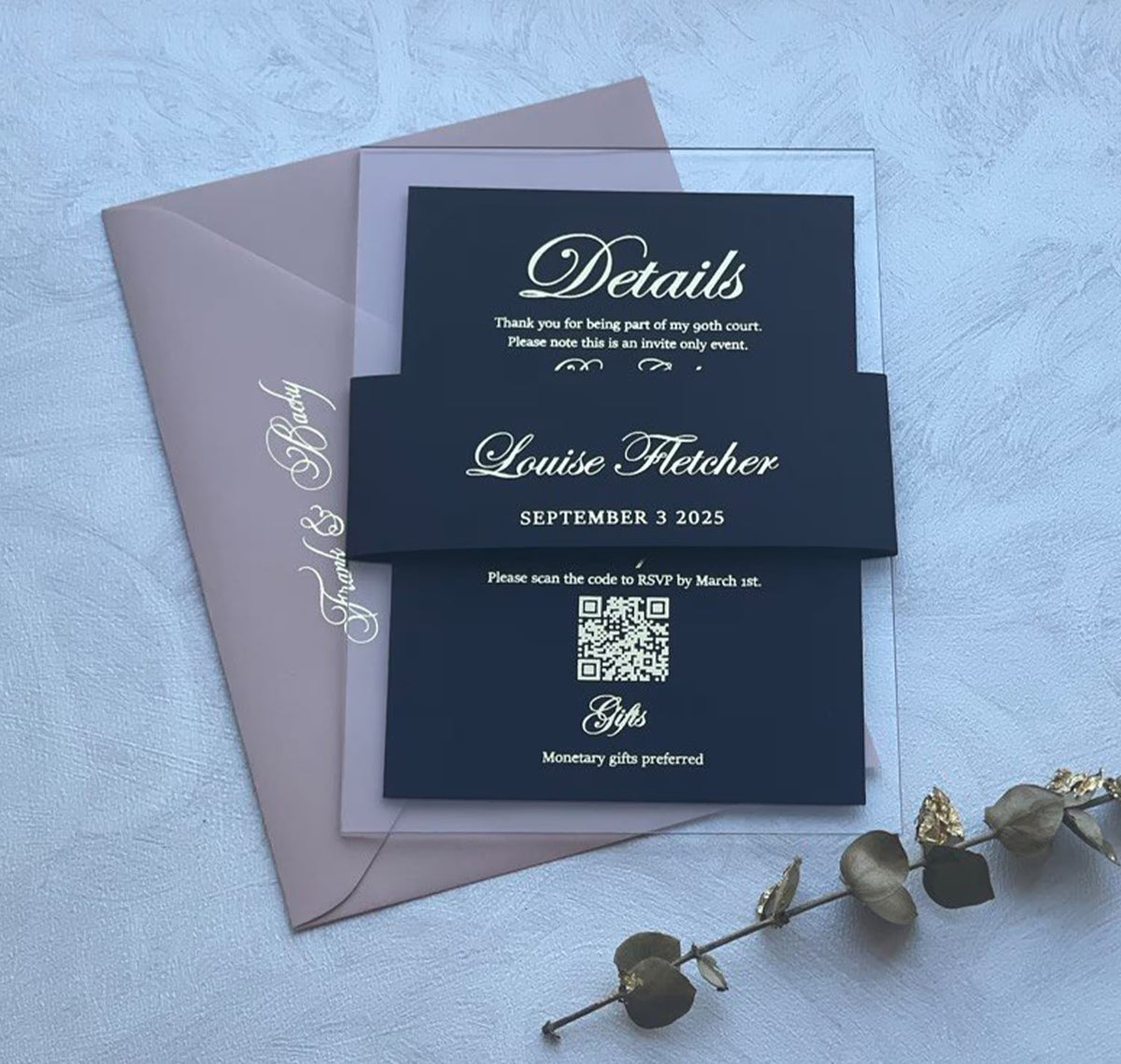 90th birthday invitation on clear acrylic with foil script, a personalized milestone invitation that catches the light.