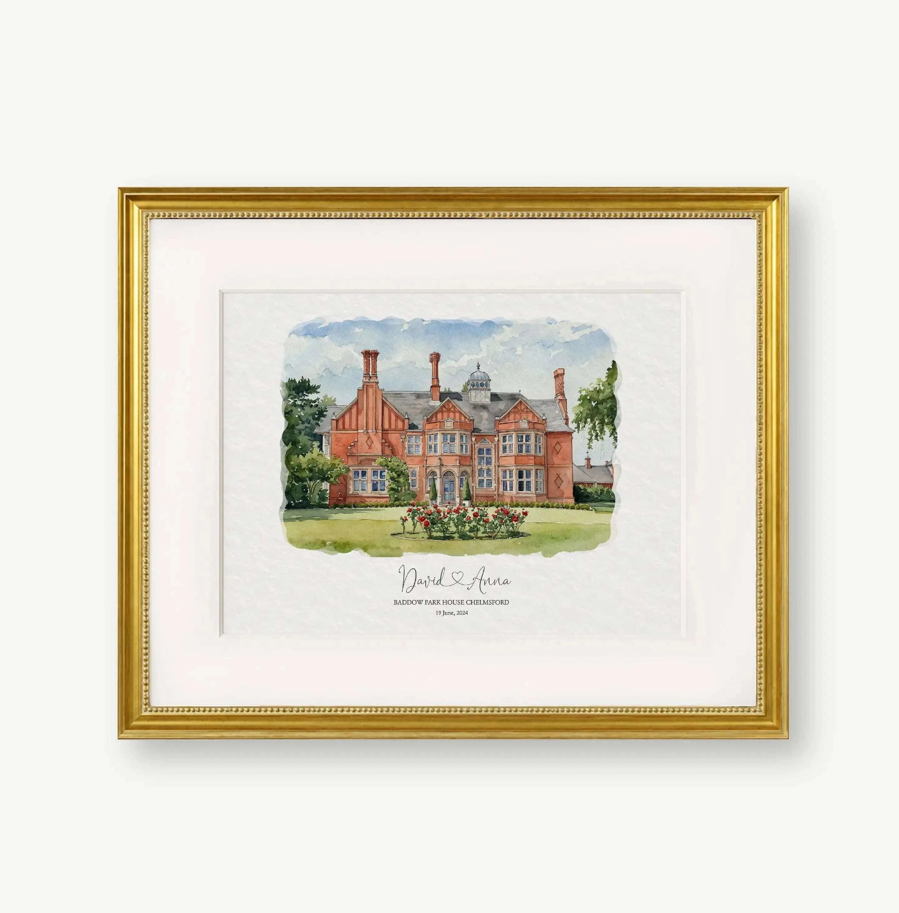  Framed watercolor illustration of Baddow Park House wedding venue in Chelmsford, featuring warm red brick architecture, soft greenery, and personalized couple names beneath the artwork.