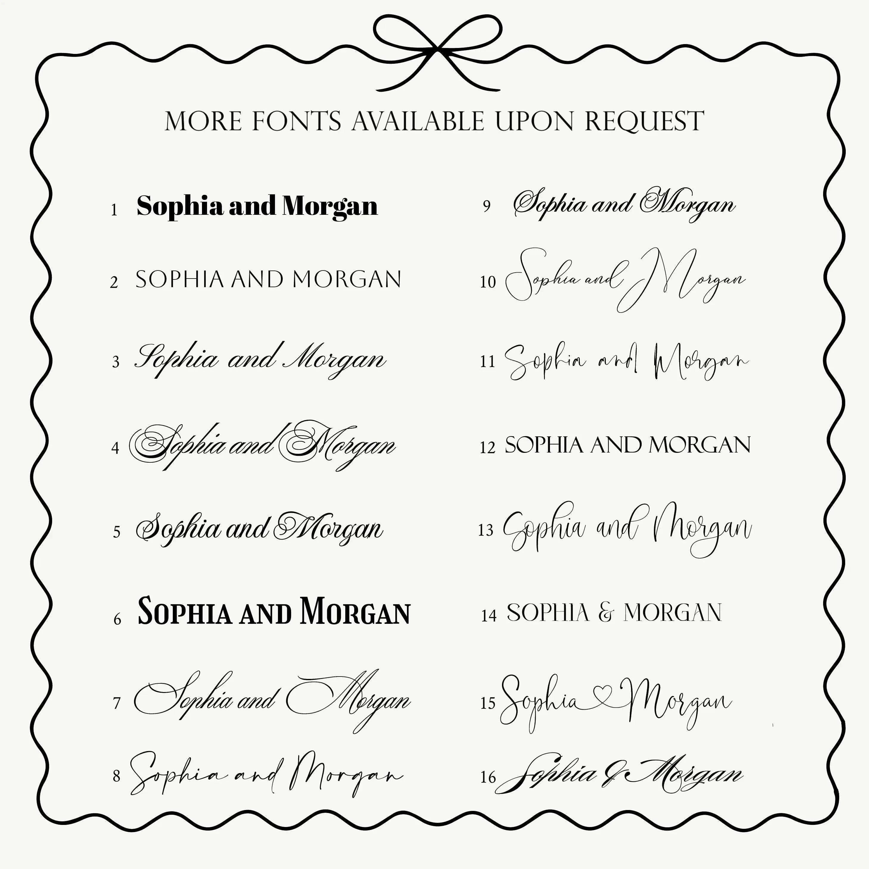 Elegant wedding invitation font selection banner showcasing luxury typography options for personalized stationery, with additional custom font styles available upon request.