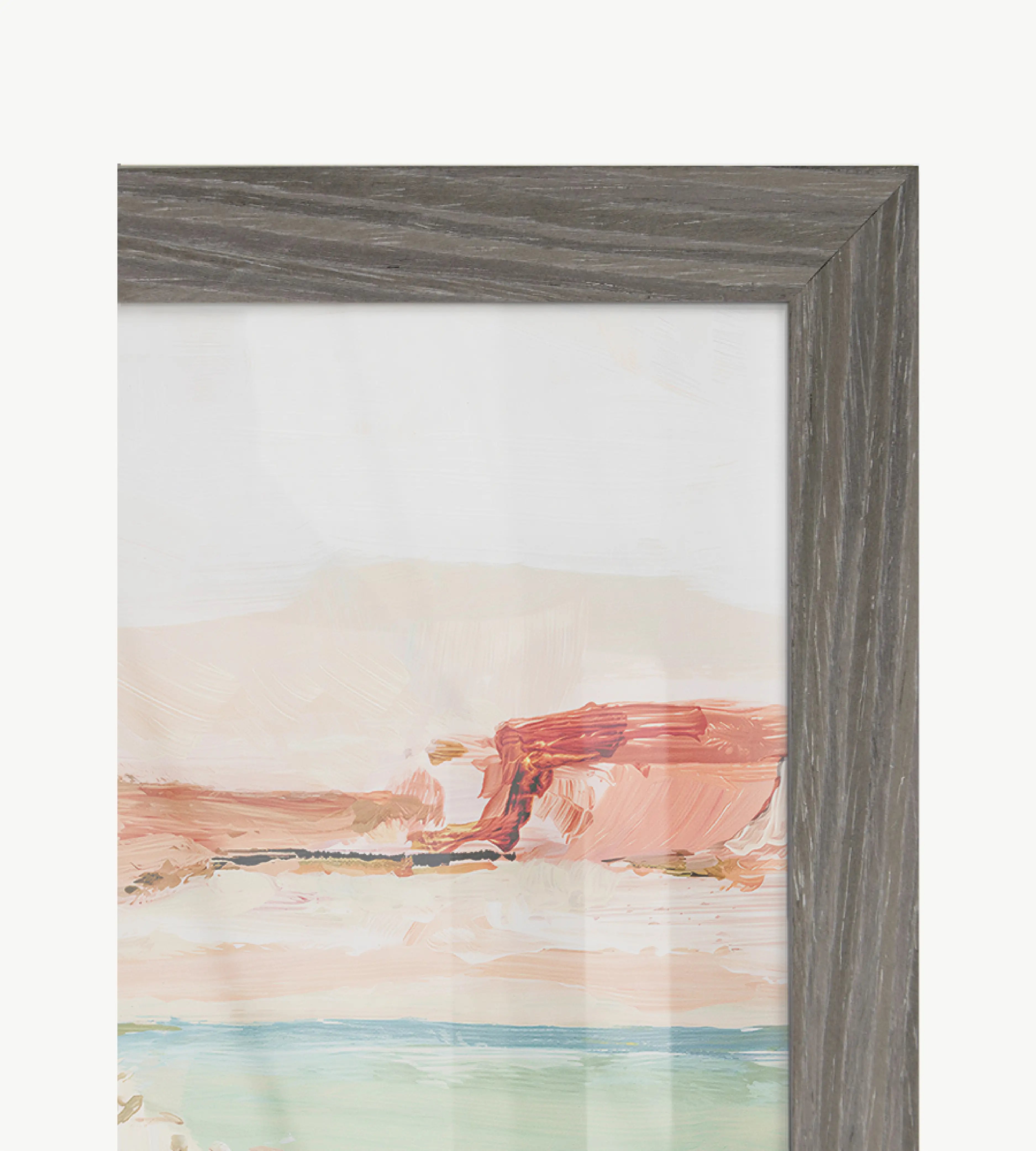 Grey solid wood frame with refined wood grain, soft matte finish and understated luxury aesthetic, ready to hang wall art