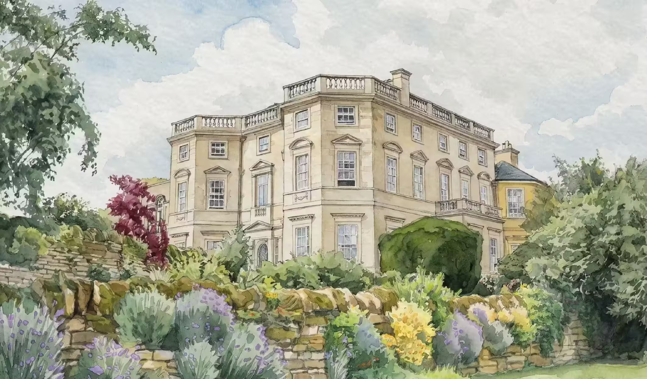 Hand painted watercolor sketch of Bourton Hall featuring soft architectural details, delicate brushwork, and refined garden scenery.
