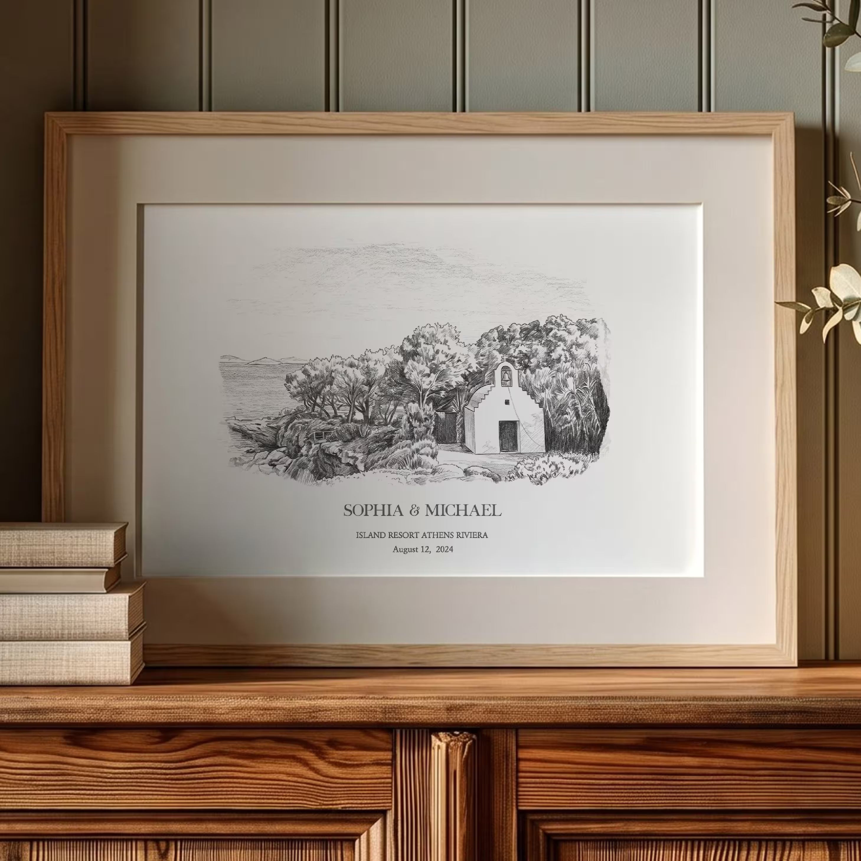 Pencil sketch line art version of the white seaside chapel at Island Resort Athens Riviera, a fine line drawing offered as an alternative to the watercolor portrait