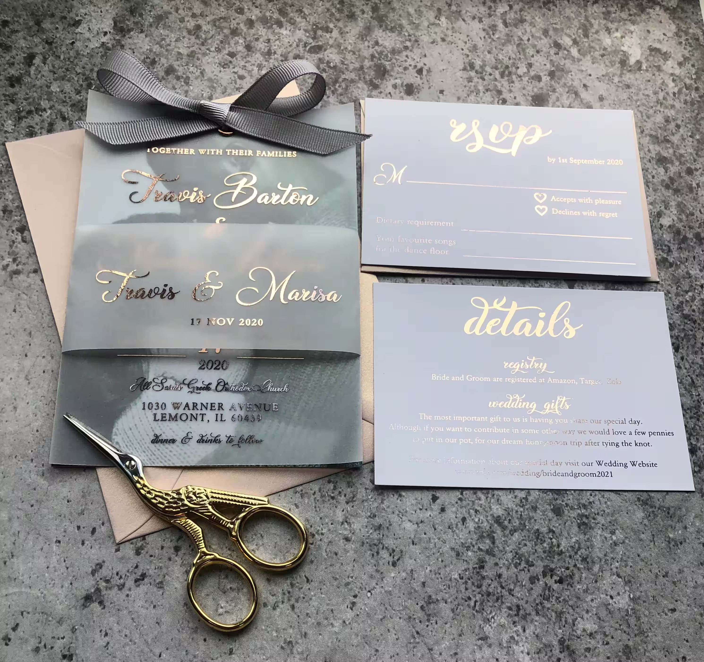 Modern wedding invitation with picture, foil accents and vellum
