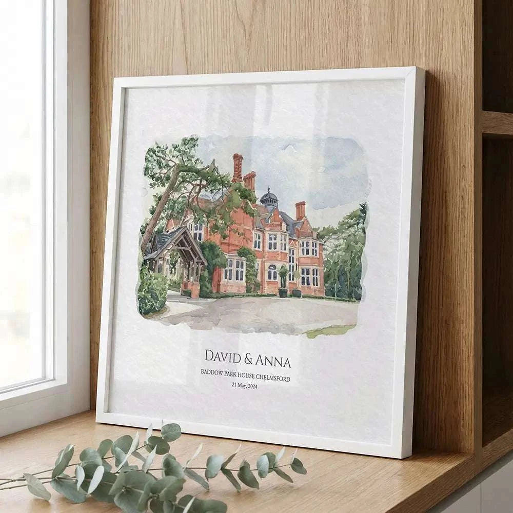 Custom wedding venue portrait displayed in a natural wood frame, showing Baddow Park House in a romantic watercolor style with elegant handwritten names and wedding date.