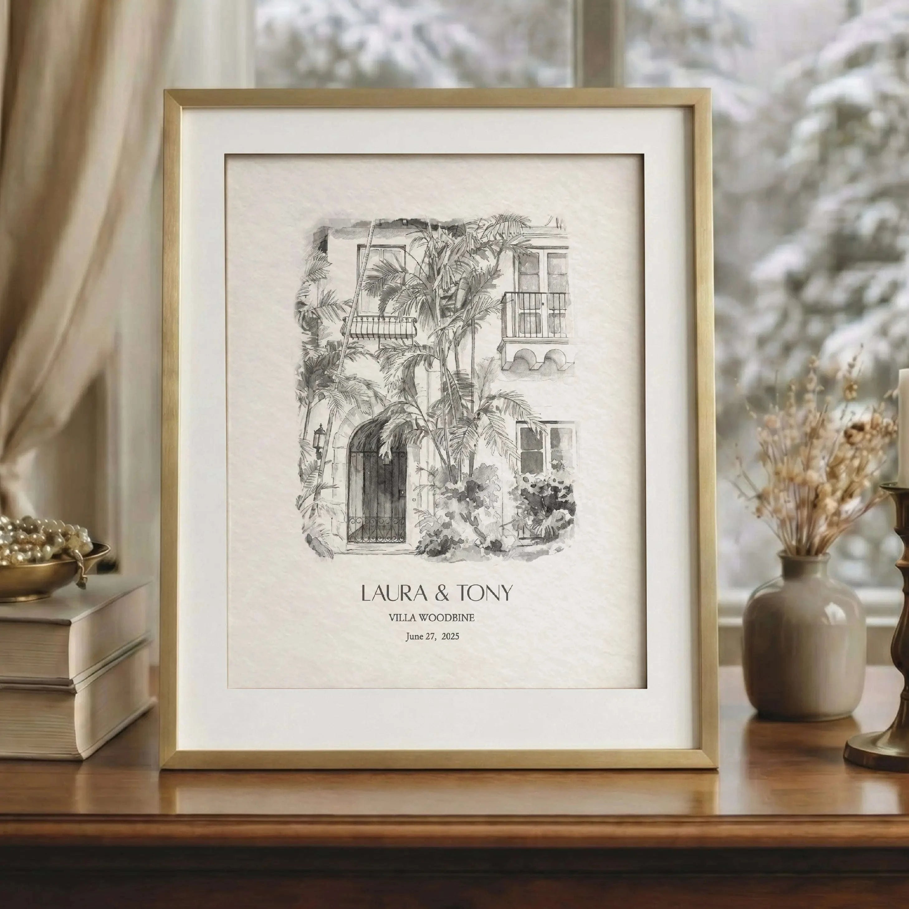 Personalized pencil sketch of Villa Woodbine wedding venue created from a photo