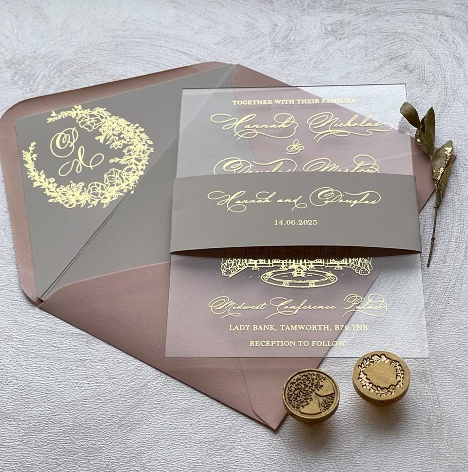 Gatefold acrylic wedding invitation with gold foil florals and venue illustration