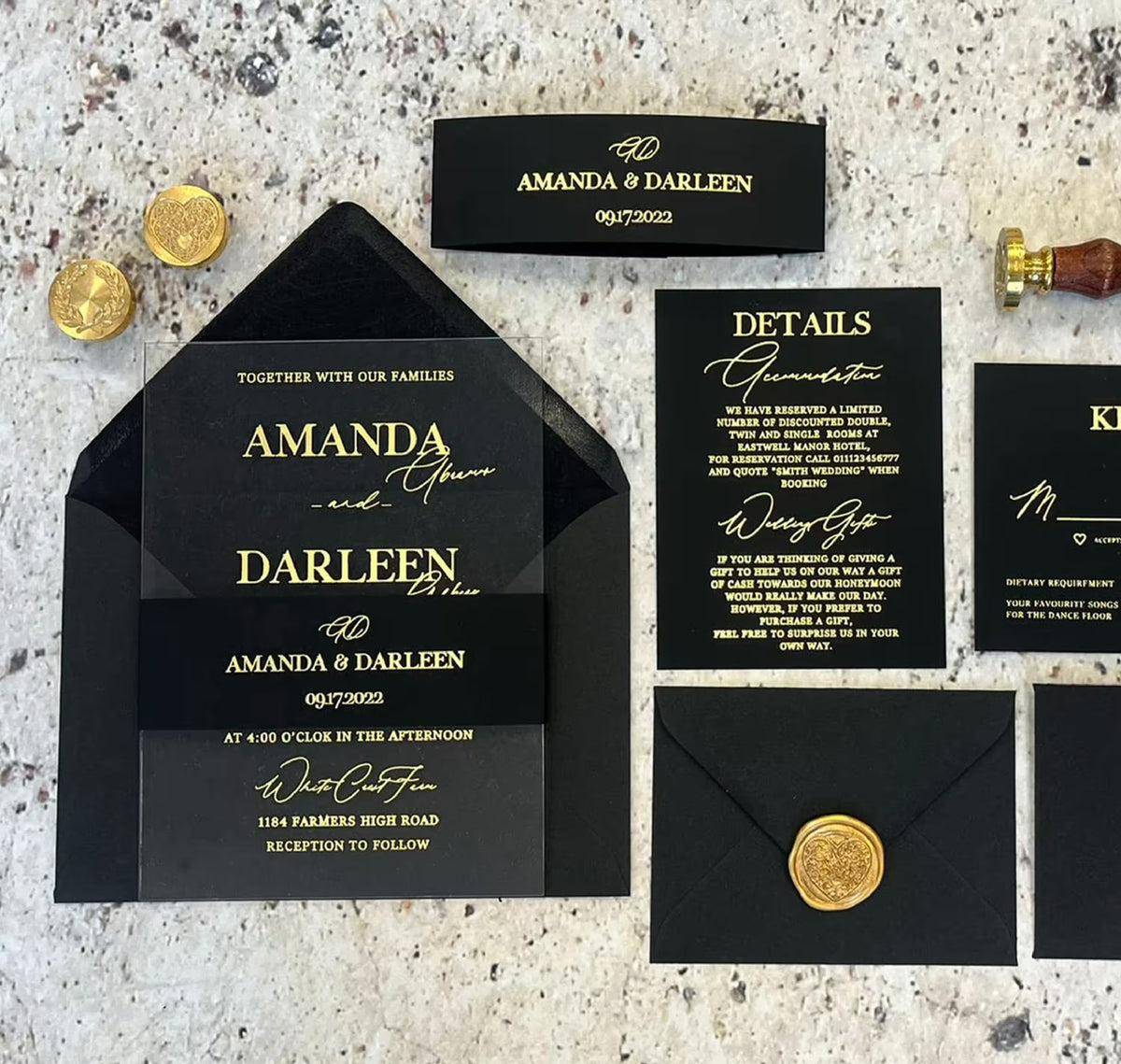 Acrylic glass invitations custom wedding suite shown with envelope, foil envelope addressing and wax seals