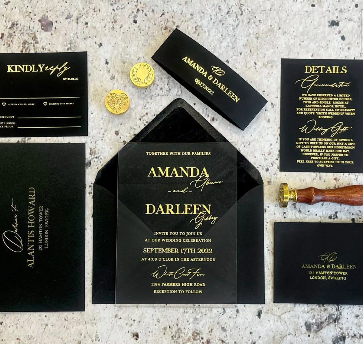 Acrylic glass invitations custom wedding suite with personalized foil lettering, envelope, belly band and wax seals