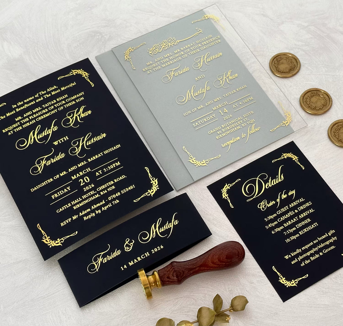 Acrylic Muslim wedding invitations with Arabic calligraphy and ornamental frame in foil on clear acrylic