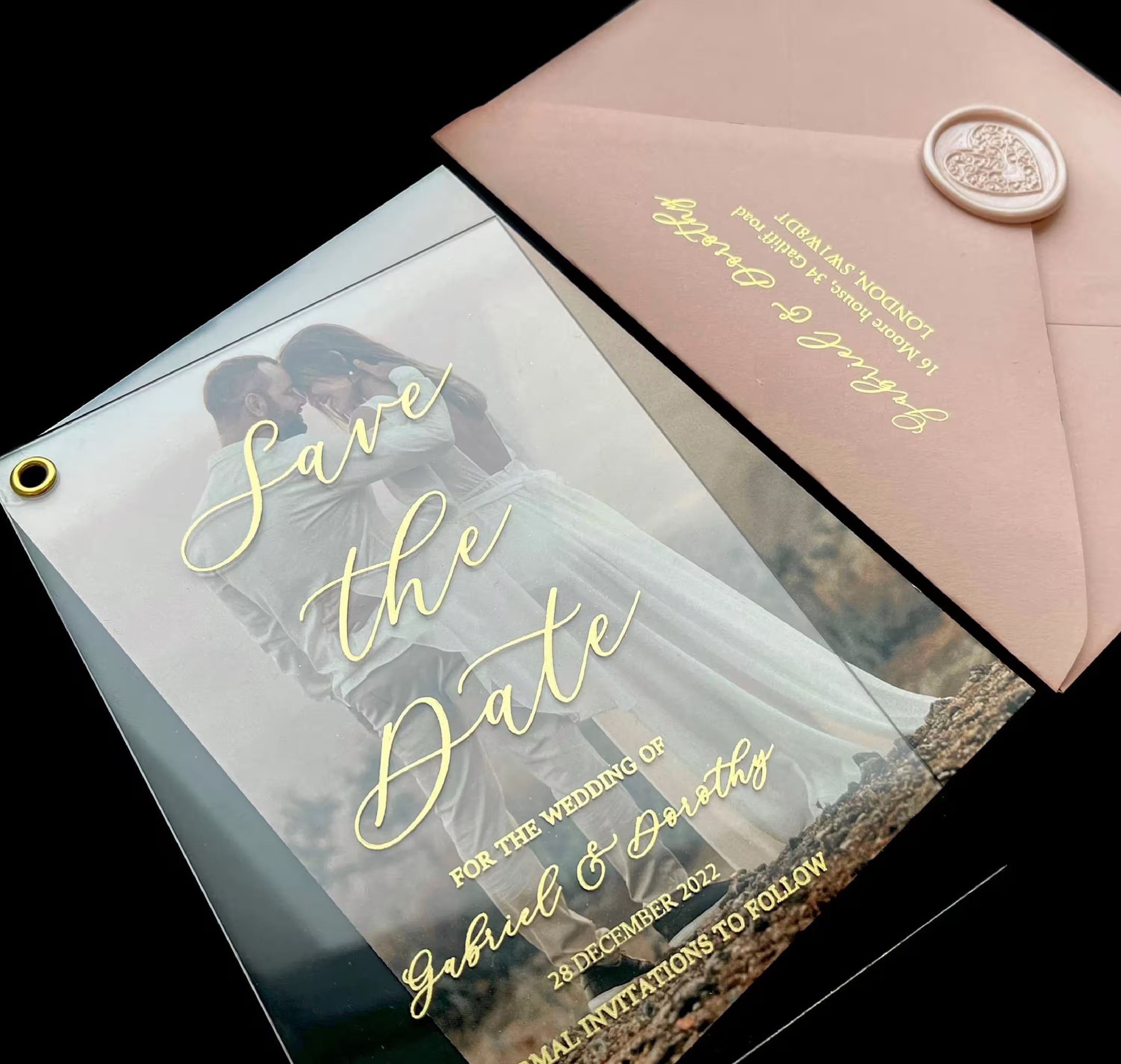 Acrylic Save the Date photo card with wedding portrait and flowing script