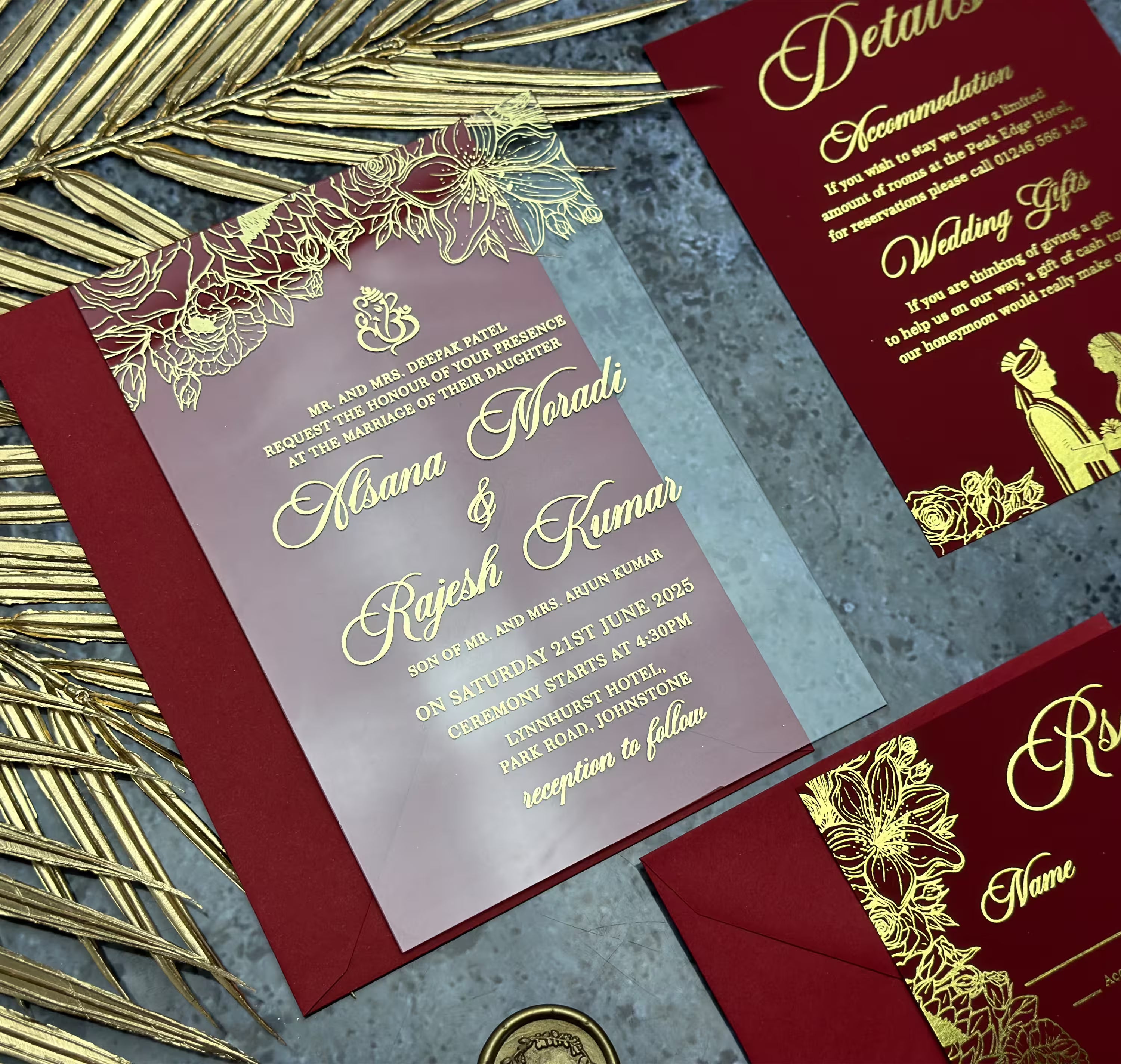 Coordinating RSVP and details cards on premium cardstock, designed for a modern acrylic Shaadi invitation set