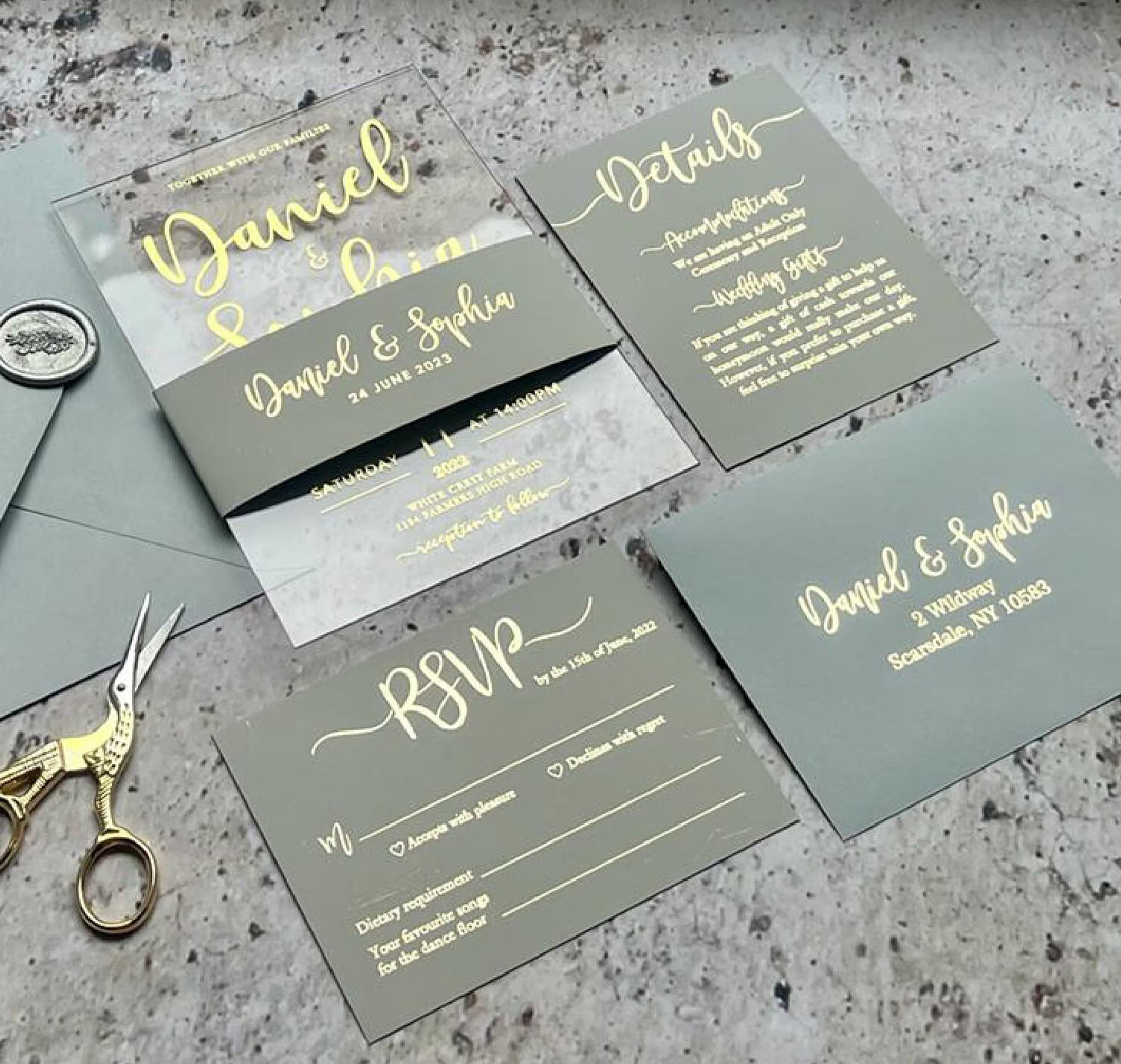 Acrylic wedding invitation suite with foil belly band, RSVP and details cards