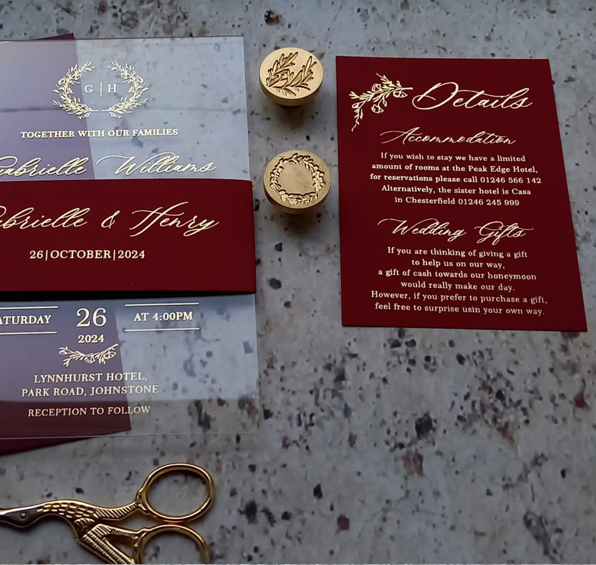 Acrylic wedding invitation suite with monogram envelope and optional wax seal, personalized