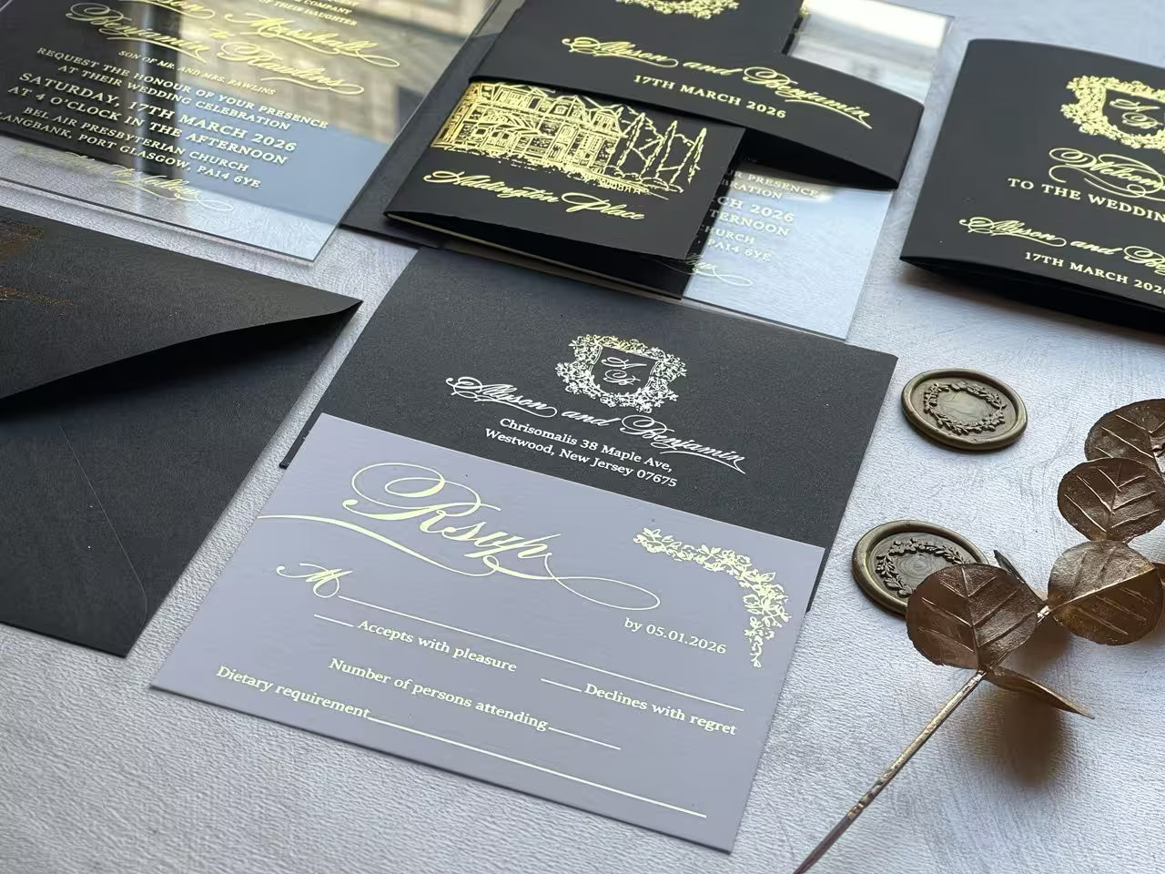 Trifold details card with gold foil Our Story, Order of the Day and Transportation sections
