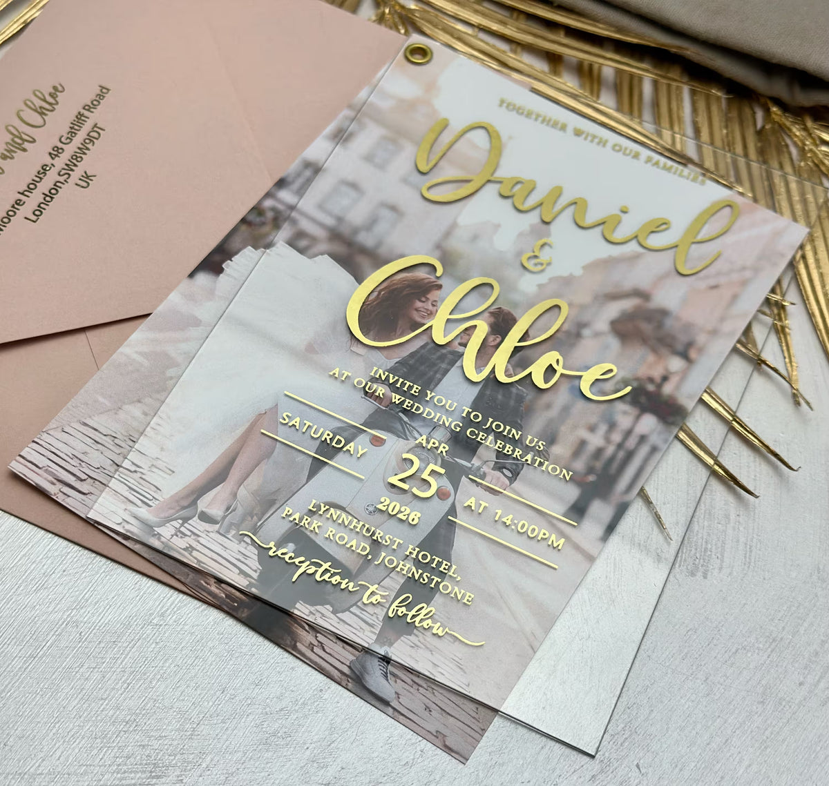 Acrylic wedding invitation with photo, personalized details card with order of the day and RSVP card