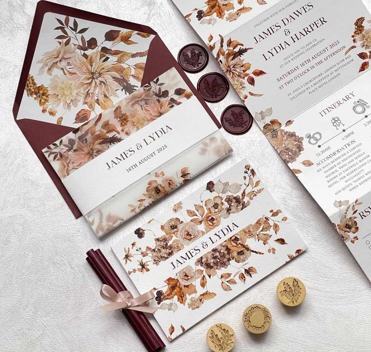 All in one wedding invitations with burgundy envelope and fall floral envelope liner