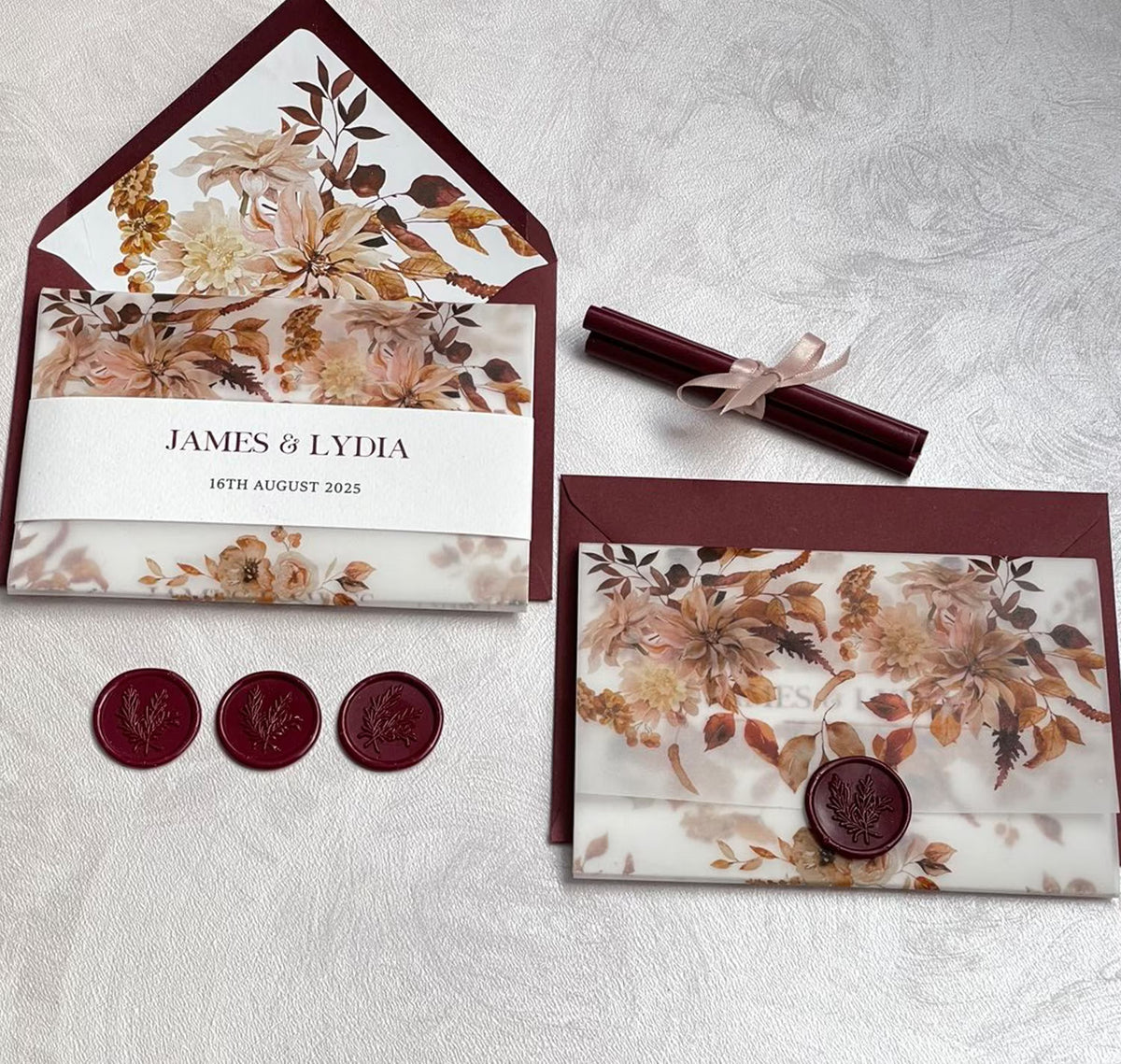 All in one wedding invitations with burgundy and gold wax seals in fall botanical design