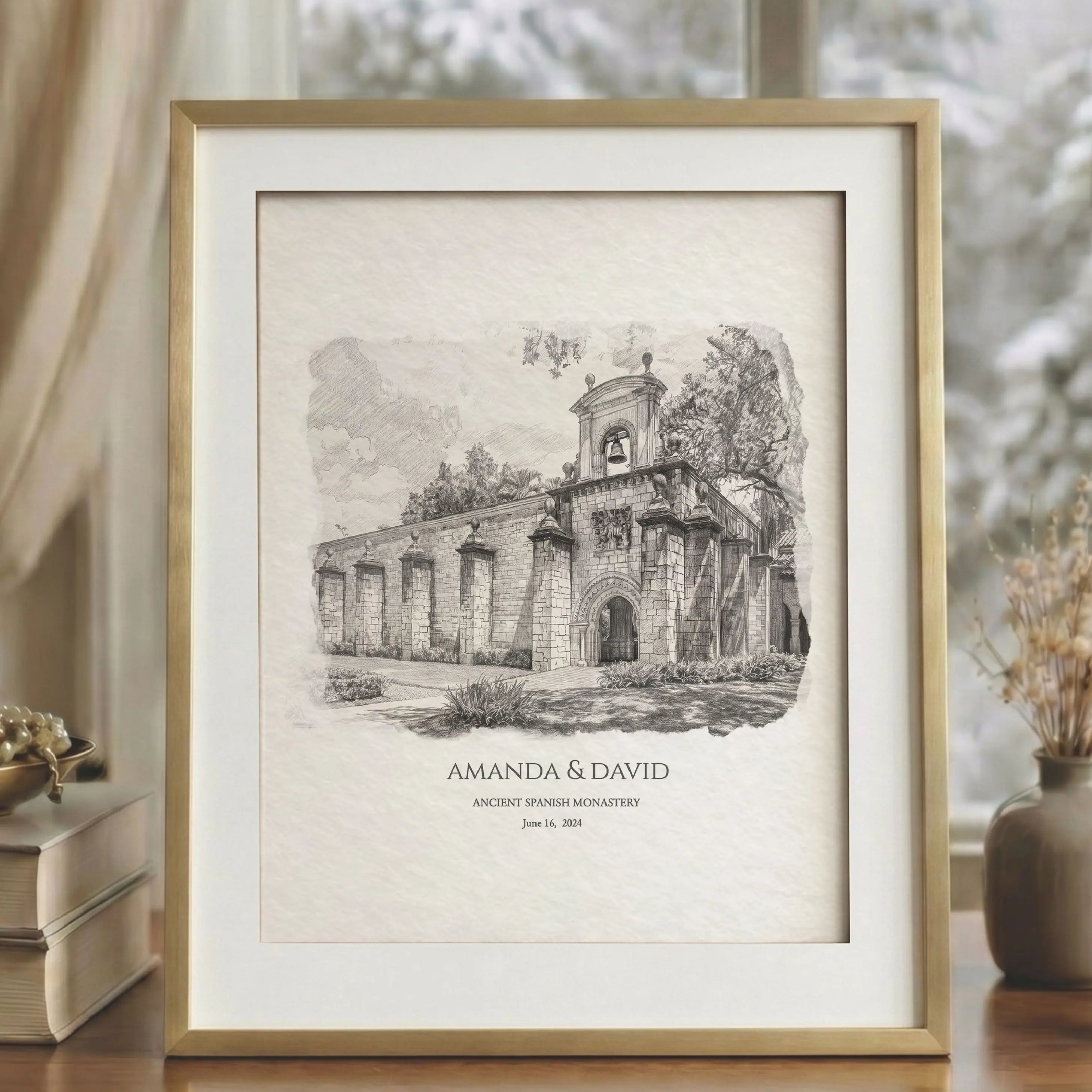 Ancient Spanish Monastery Florida wedding venue line art sketch personalized anniversary gift