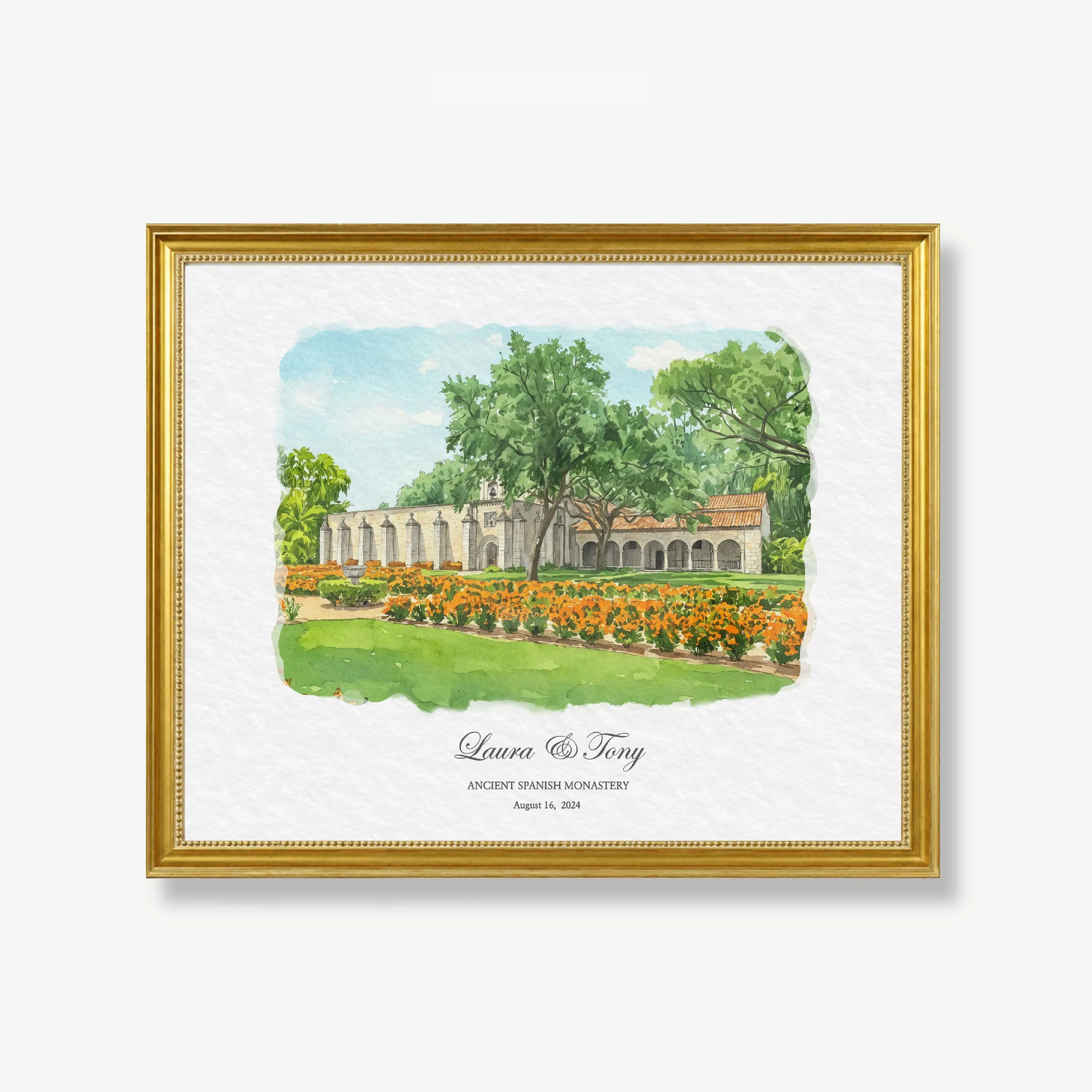 Personalized Ancient Spanish Monastery watercolor anniversary gift in gold beaded frame with couple names and wedding date