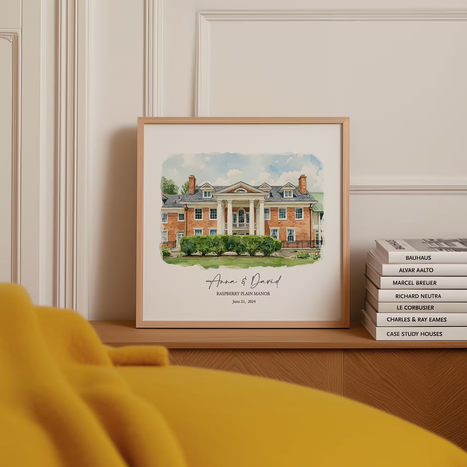 Raspberry Plain Manor watercolor portrait in a light wood frame, a personalized wedding anniversary gift, shown as the banner for the Anniversary Gifts by Year collection