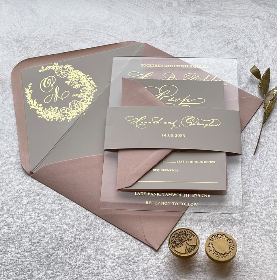 Acrylic RSVP, Details and Order of the Day cards with gold foil on soft grey cardstock