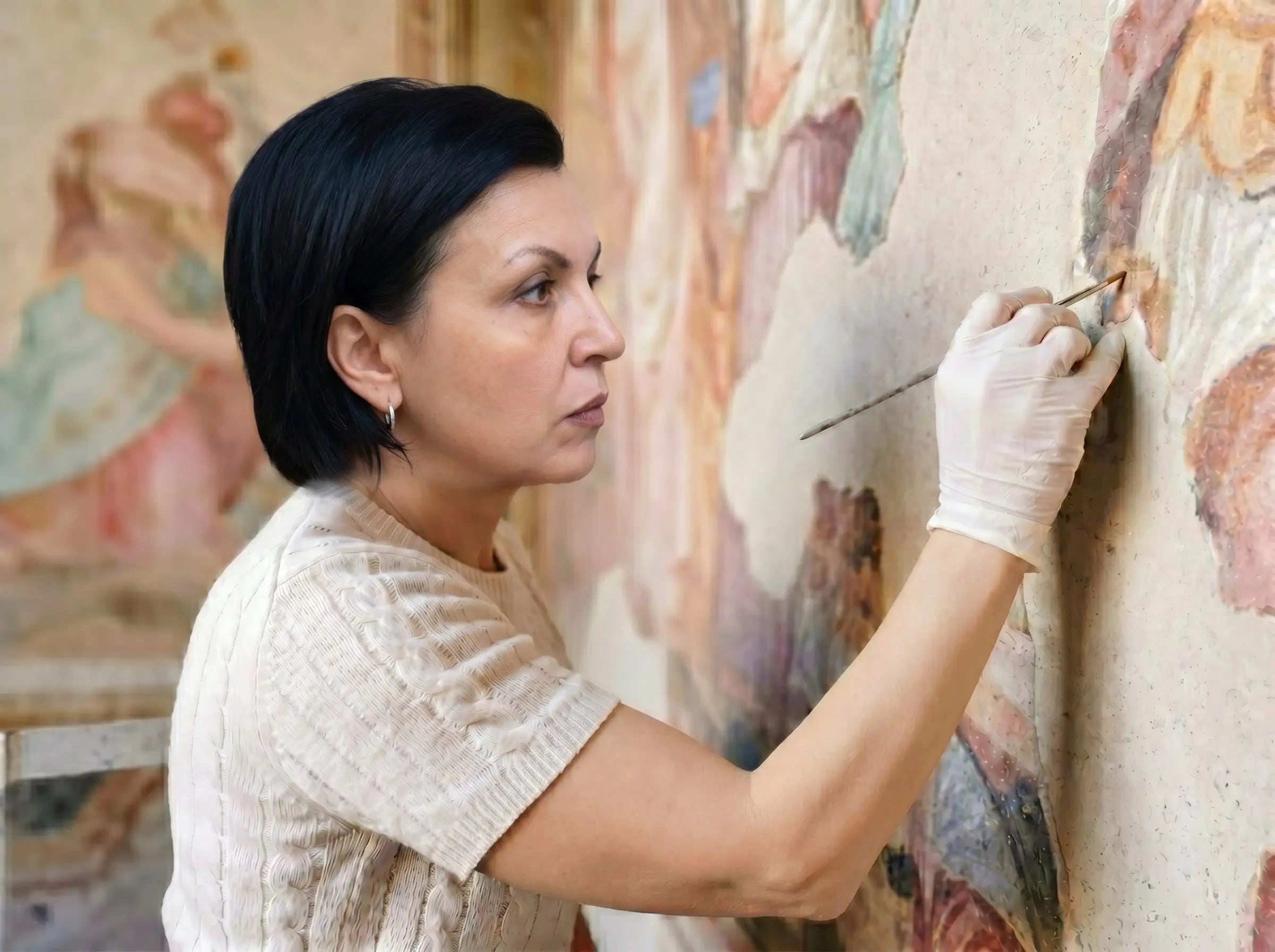 Art conservator carefully restoring hand painted wall mural with fine brush